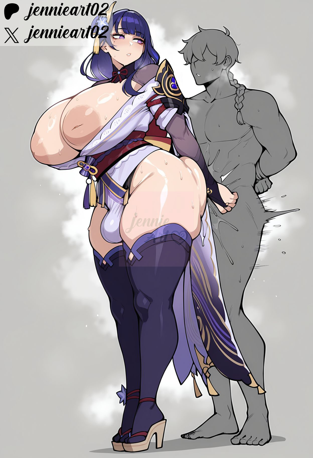 1boy, 1futa, 1futanari, ai generated, anal, arm held back, arms behind back, artist name, ass, ass ripple, blush, bound, braid, braided ponytail, breasts, bridal gauntlets, bulge, cleavage, clothed sex, clothing, covered penis, cum, curvy, english text, erection under clothes, faceless, faceless male, female, femdom, flower, full body, futa, futa focus, futa with male, futanari, genshin impact, grey background, hair flower, hair ornament, high heels, hoyoverse, huge ass, huge breasts, huge testicles, implied futanari, inverted nipples, japanese clothes, jennieart02, kimono, large areolae, large breasts, legwear, long hair, male, mihoyo, mihoyo technology (shanghai) co. ltd., mole, mole under eye, nipples, nude, obi, obiage, obijime, patreon, patreon logo, patreon username, penis, plump, puffy nipples, purple eyes, purple hair, purple kimono, raiden shogun, sandals, sash, sex, sex from behind, shoulder armor, shrug (clothing), simple background, skindentation, standing, standing sex, steaming body, straight, sweat, tall female, tassel, testicles, thick thighs, thighhighs, thighs, traditional clothes, twitter, twitter username, wafuku, watermark, web address, wide hips