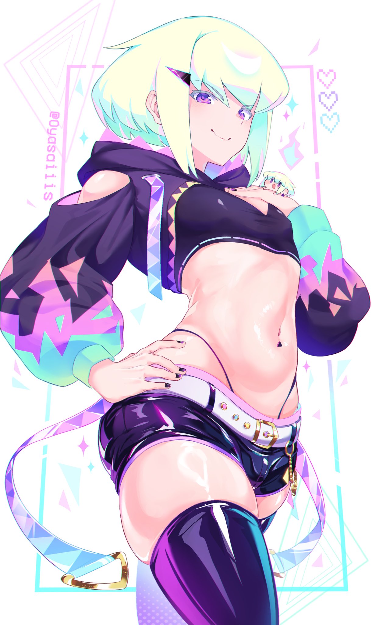 1boy, 1femboy, androgynous, black legwear, black nails, bob cut, bulge, clothed, clothing, crossdressing, femboy, femboy only, feminine male, girly, hair clip, hoodie, lio fotia, looking at viewer, midriff, minishorts, oyasaiiis, petite male, promare, seductive, seductive look, short hair, slim, slim male, slim waist, solo, stockings, suggestive look, thick thighs, thighhighs, thong, tight clothing, twink