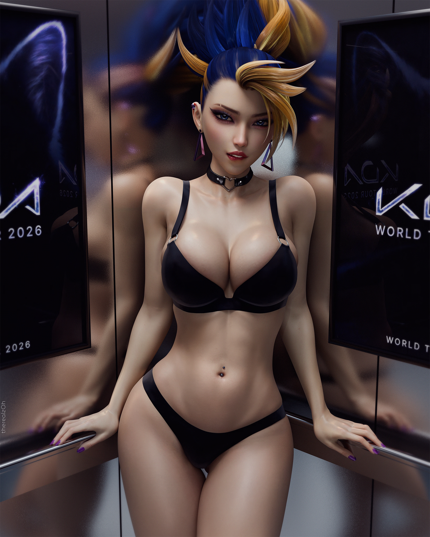 1female, 1girls, 3d, 3d (artwork), akali, akali (league of legends), akali jhomen tethi, blender, blonde hair, blue eyes, blue hair, choker, clothed, clothing, dyed hair, elevator, female, female focus, female only, front view, k/da akali, k/da all out akali, k/da all out series, k/da series, kpop, kpop girl, large breasts, league of legends, light skin, light-skinned female, lingerie, long hair, makeup, riot games, therealzoh, underwear, underwear only, zoh
