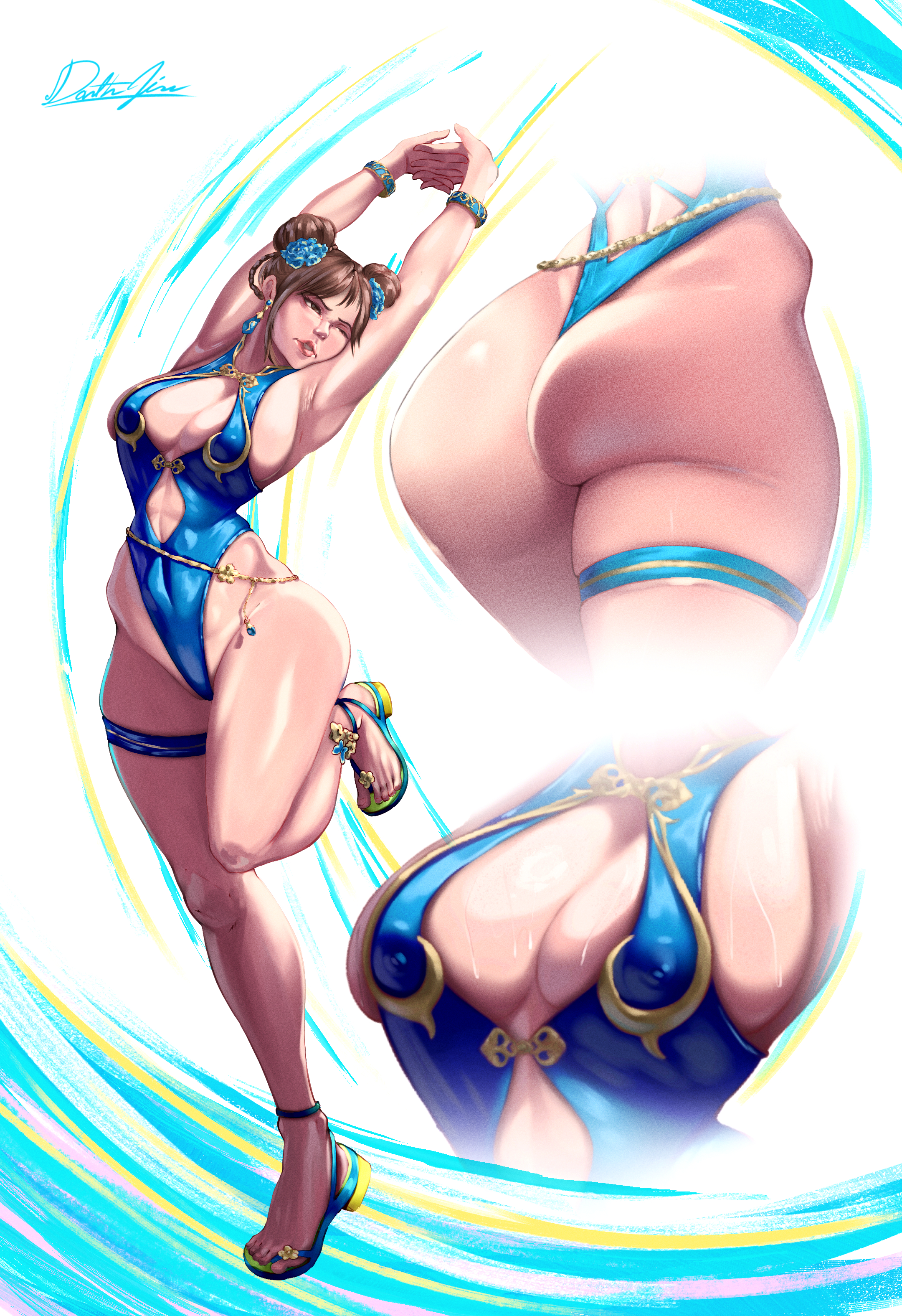 1female, 1girls, armpits, arms above head, arms up, ass, ass focus, big ass, big breasts, bikini, breasts, brown eyes, brown hair, chinese, chinese female, chun-li, chun-li (street fighter 6), darth jin, female, female only, girl, girly, jewelry, milf, nipples visible through clothing, one-piece swimsuit, only female, sandals, slim waist, slutty female, street fighter, street fighter 6, stretching, swimsuit, thick ass, thick butt, thick hips, thick thighs, tits focus