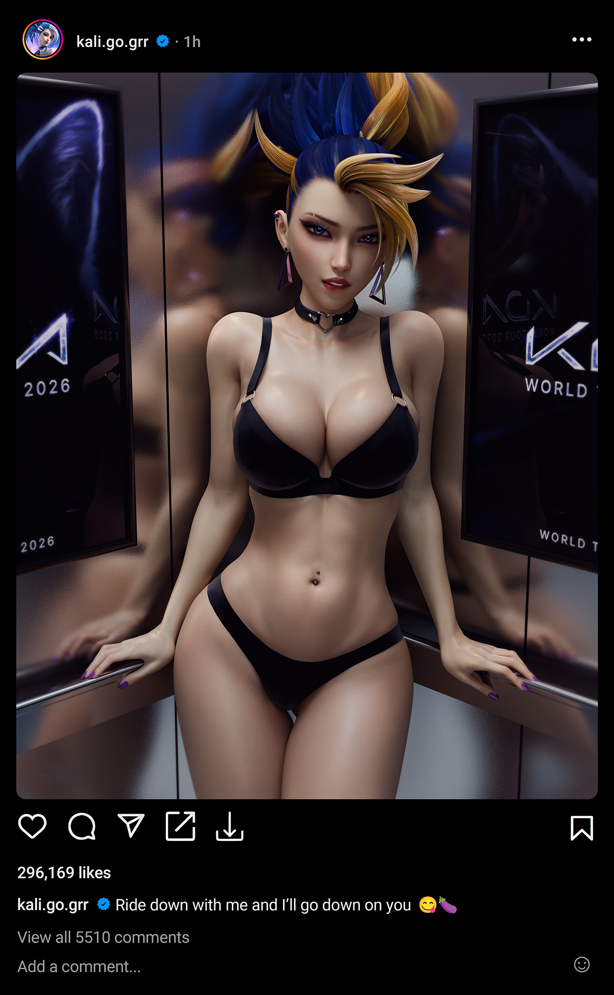 1female, 1girls, 3d, 3d (artwork), akali, akali (league of legends), akali jhomen tethi, armpits, bikini, blender, blonde hair, blue eyes, blue hair, clothed, clothing, dyed hair, elevator, female, female focus, female only, front view, instagram, instagram logo, instagram model, instagram username, k/da akali, k/da all out akali, k/da all out series, k/da series, kpop, kpop girl, large breasts, league of legends, light skin, light-skinned female, long hair, makeup, riot games, therealzoh, zoh