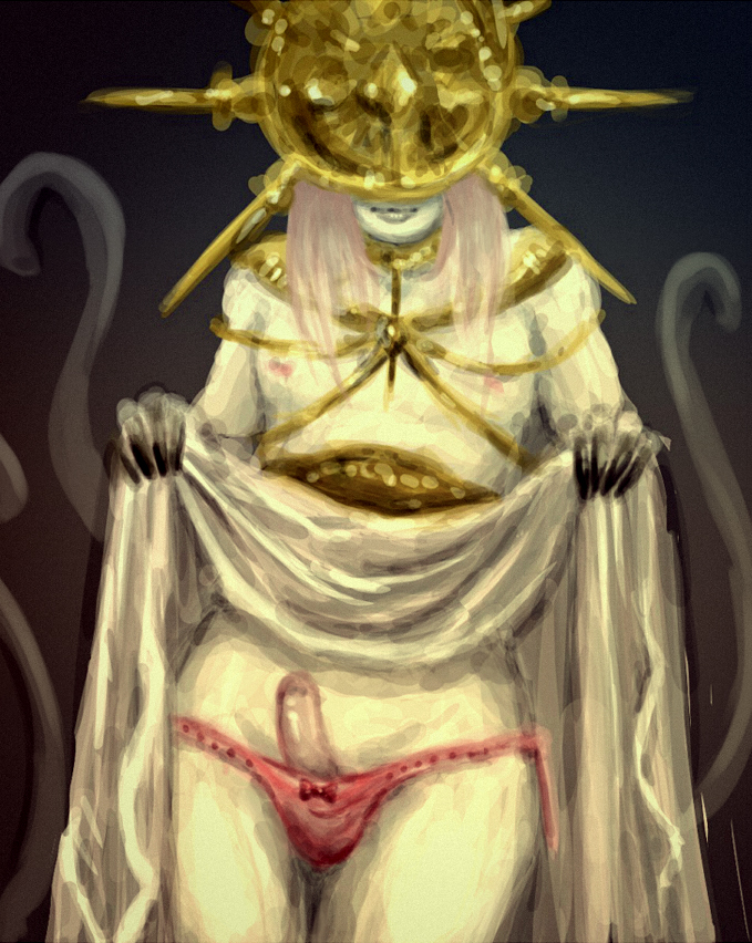 2d, 2d (artwork), crossdressing, dark souls, dark sun gwyndolin, deity, femboy, fromsoftware, girly, male, painting (artwork), panties, penis, solo, trap