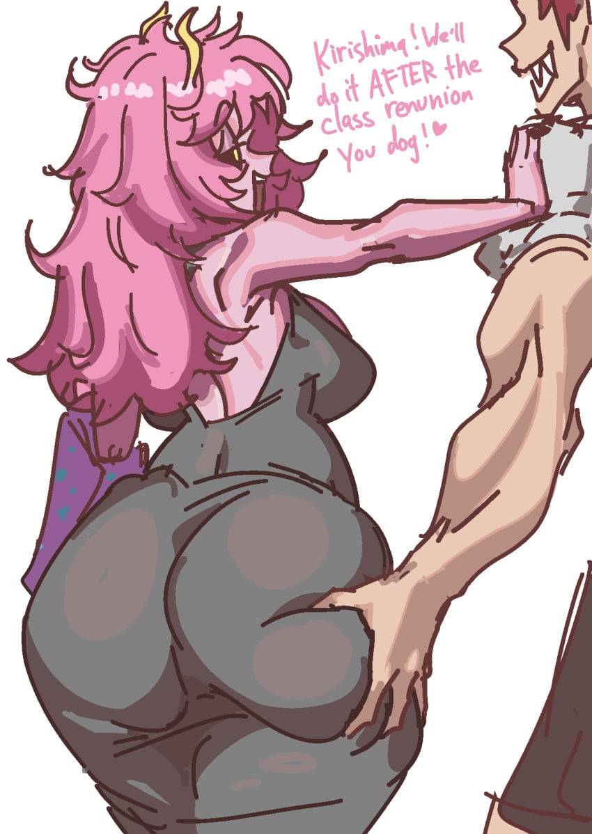 1boy, 1girl, aged up, ashido mina, ashido mina time-skip, ass, ass focus, ass grab, ass squeeze, big butt, boku no hero academia, bubble butt, child bearing hips, dat ass, dumptruck ass, eijirou kirishima, english text, female, horny, horny male, kirishima eijirou, large ass, long hair, male, male/female, mina ashido, mina ashido time-skip, my hero academia, my hero academia (finale), promise, saltbutt1, squeezing butt, straight, tight clothing, voluptuous, voluptuous female