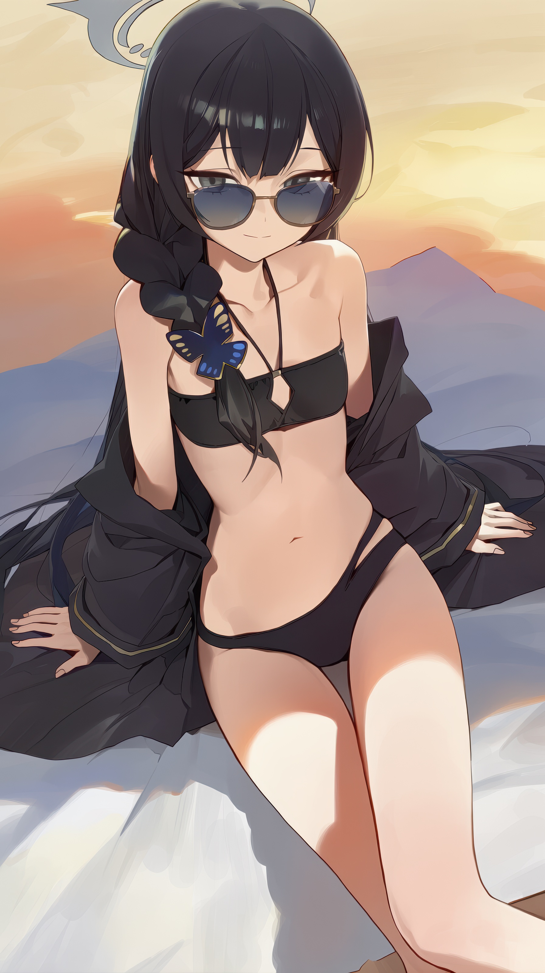 1girl, 1girls, absurd res, artist request, bare shoulders, beach, beach mat, bikini, blue archive, braid, coat, flat chest, grey eyes, hair ornament, highres, kisaki (blue archive), kisaki (swimsuit) (blue archive), long sleeves, looking at viewer, navel, off shoulder, outdoors, smile, solo, stomach, sunglasses, swimsuit, thighs
