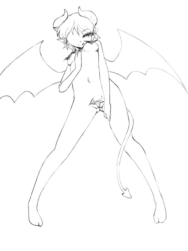 camel_(dansen) demon_girl demon_tail demon_wings female female horns monochrome navel nude pointy_ears solo tail wings