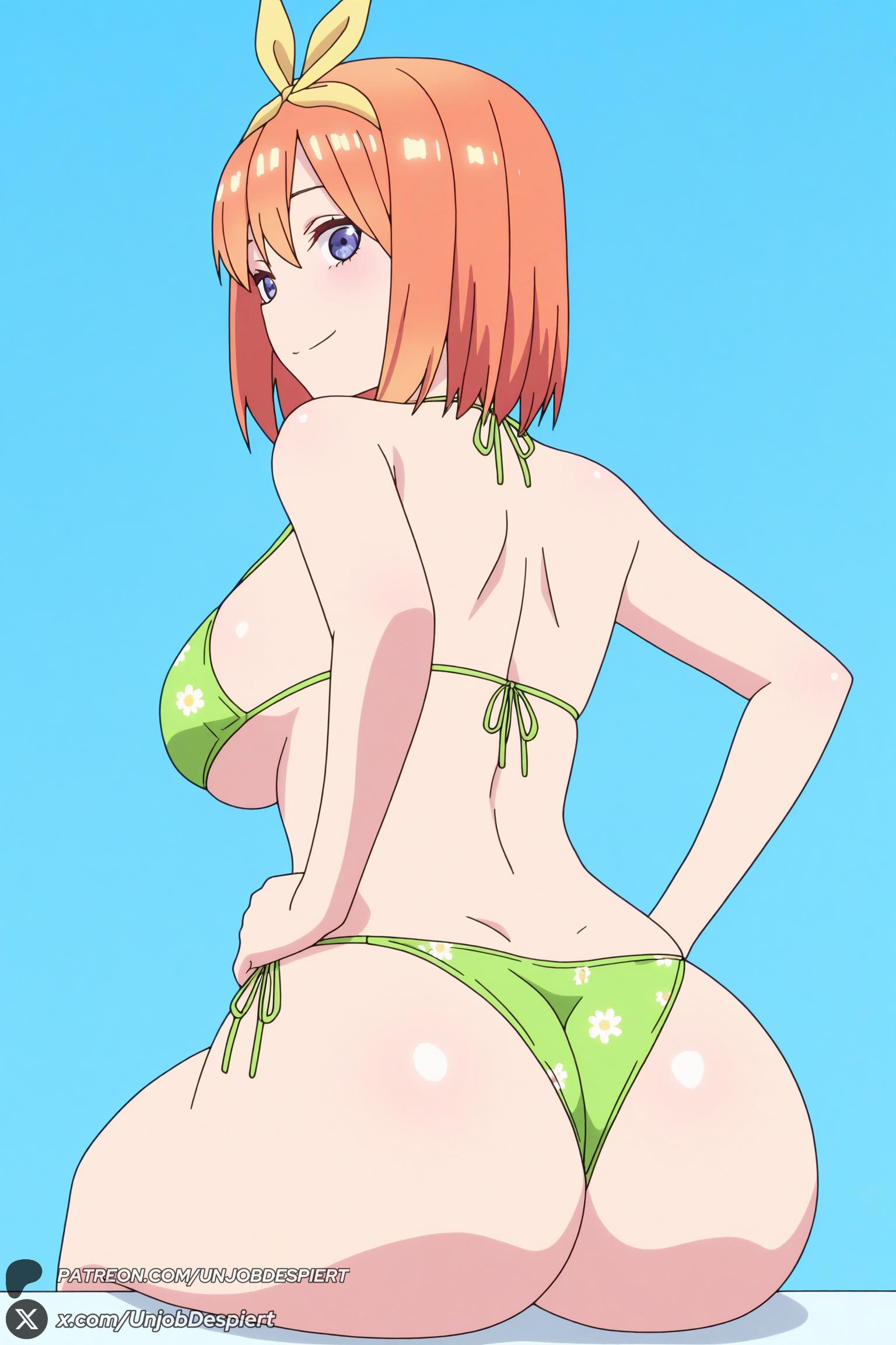 1female, 1girl, 1girls, 2026, ai generated, artist name, ass, back, bangs, big ass, big breasts, bikini, blue background, blue eyes, blush, breasts, closed mouth, curvy, female, female only, floral print, from behind, go-toubun no hanayome, green bikini, green ribbon, hair ribbon, hairband, halterneck, hi res, high quality, high resolution, highres, huge ass, huge breasts, large breasts, looking at viewer, looking back, nakano yotsuba, orange hair, patreon, patreon username, quintessential quintuplets, ribbon, short hair, side-tie bikini bottom, simple background, sitting, smile, solo, swimsuit, the quintessential quintuplets, unjobdespiert, watermark