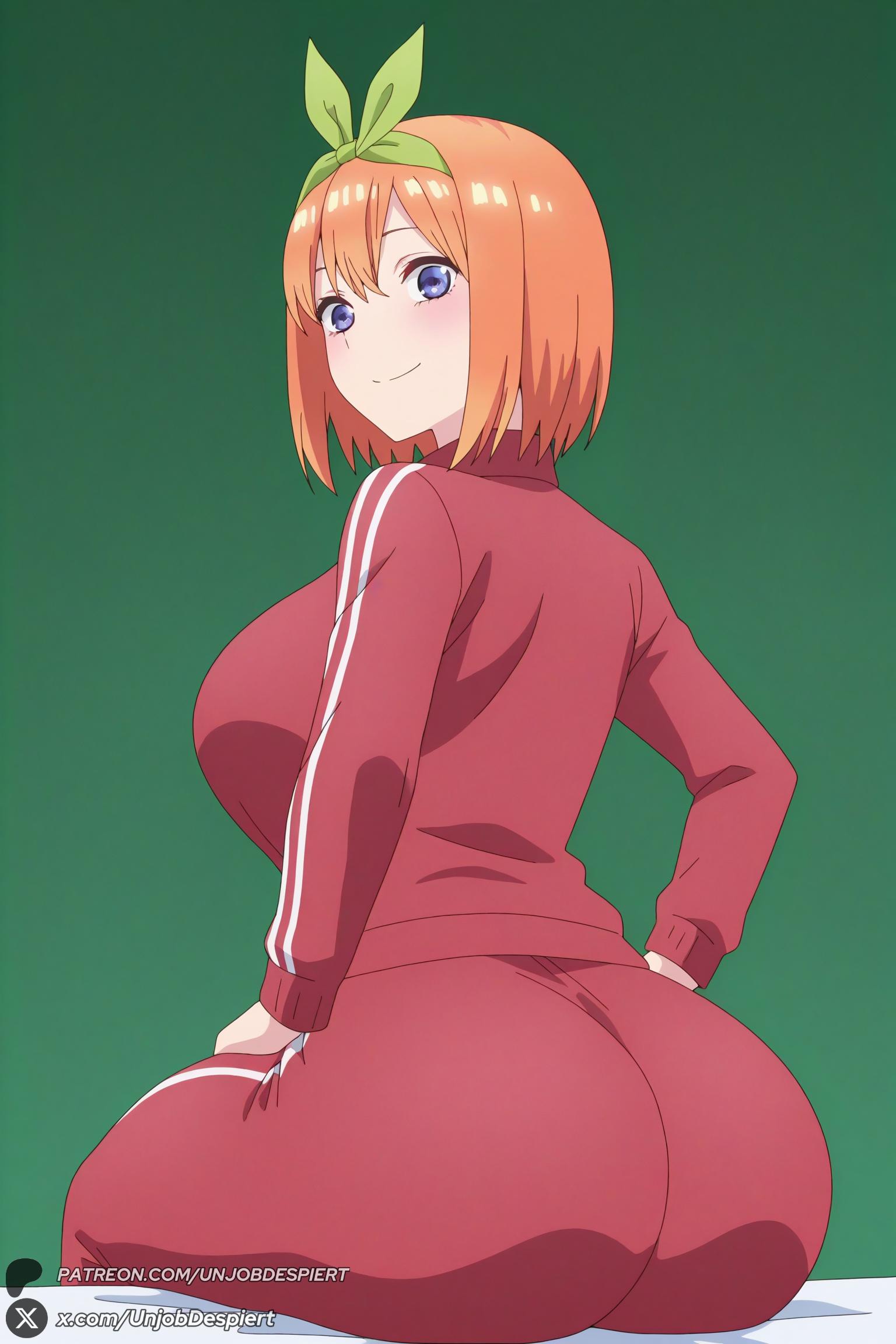 1female 1girl 1girls 2026 ai_generated artist_name ass bangs big_ass big_breasts blue_eyes blush breasts closed_mouth curvy from_behind go-toubun_no_hanayome green_background green_ribbon hair_ribbon hairband hi_res high_quality high_resolution highres huge_ass huge_breasts jacket large_breasts long_sleeves looking_at_viewer looking_back nakano_yotsuba orange_hair pants patreon patreon_username quintessential_quintuplets red_jacket ribbon short_hair sitting smile solo the_quintessential_quintuplets track_jacket track_pants track_suit unjobdespiert watermark