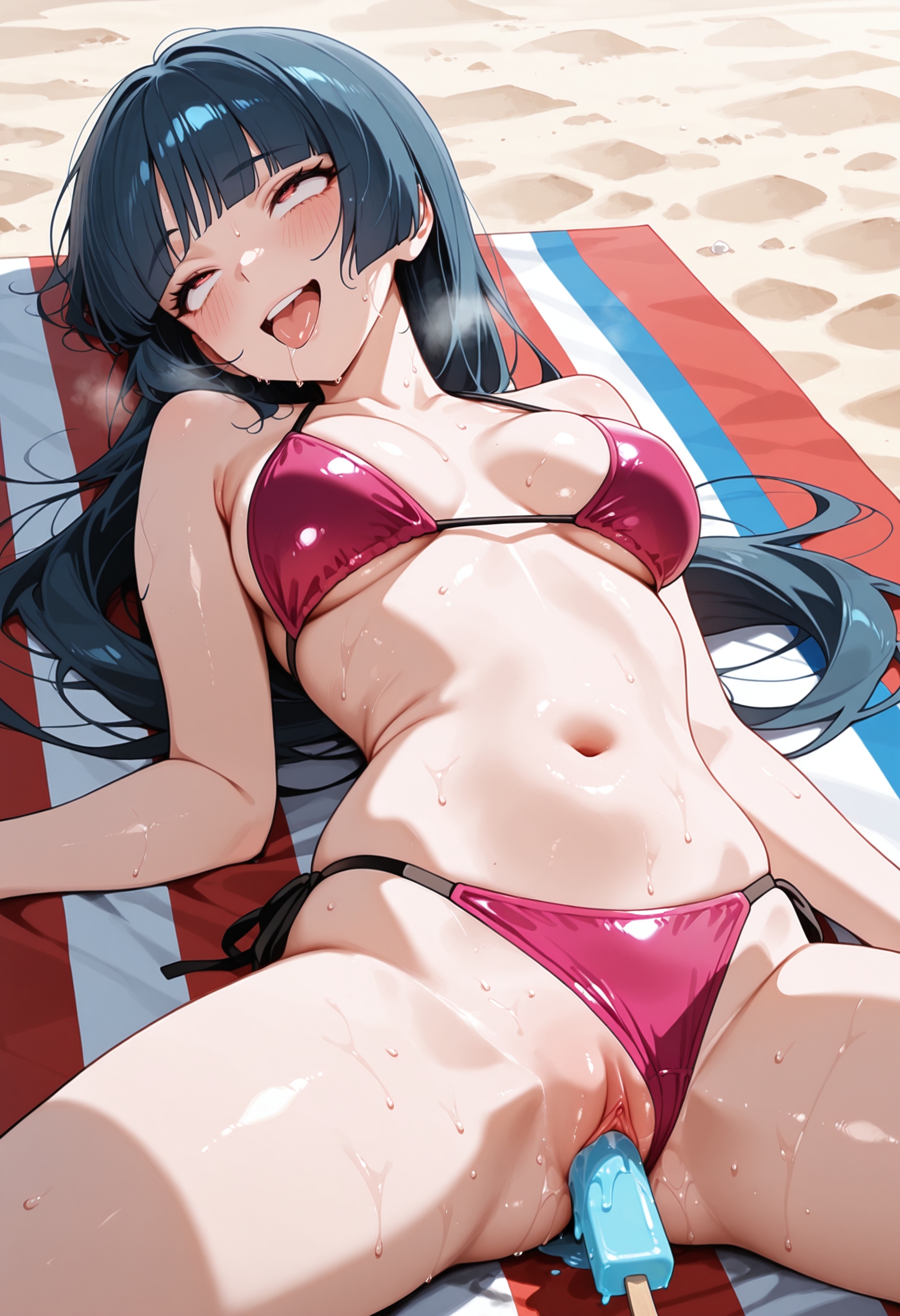 1girl, 1girls, ai, ai art, ai assisted, ai generated, ai-created, beach, bikini, bikini bottom aside, drooling, food, food in pussy, food insertion, fucked silly, game freak, greymaker, gym leader, lying, lying on back, medium breasts, melting, melting popsicle, nintendo, open mouth, pokemon, pokemon (anime), pokemon (classic anime), pokemon (game), pokemon anime, pokemon character, pokemon rgby, pokemon trainer, popsicle, popsicle in pussy, pussy, sabrina (pokemon), sand, stable diffusion, summer, tongue, tongue out, uncensored, vaginal, vaginal insertion, vaginal penetration