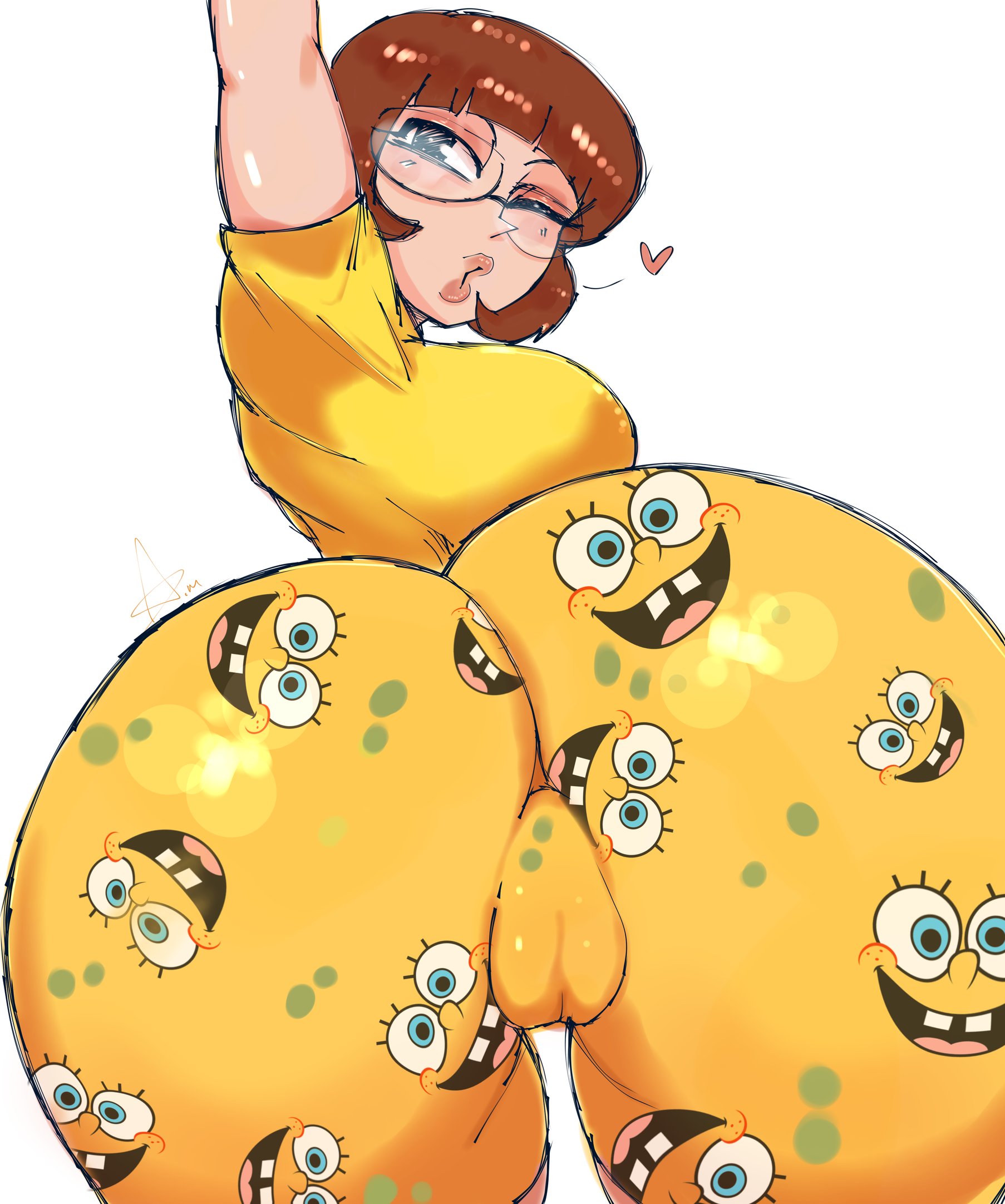 1girls, artist signature, ass, back view, big ass, bob cut, boobs, breasts, brown hair, butt, cameltoe, clothing, eyelashes, fat ass, female, glasses, heart symbol, huge ass, manni, one eye closed, pajama pants, pussy bulge, real person, reika7w7, sideboob, simple background, spongebob print, spongebob squarepants, togashiyuuta883, white skin