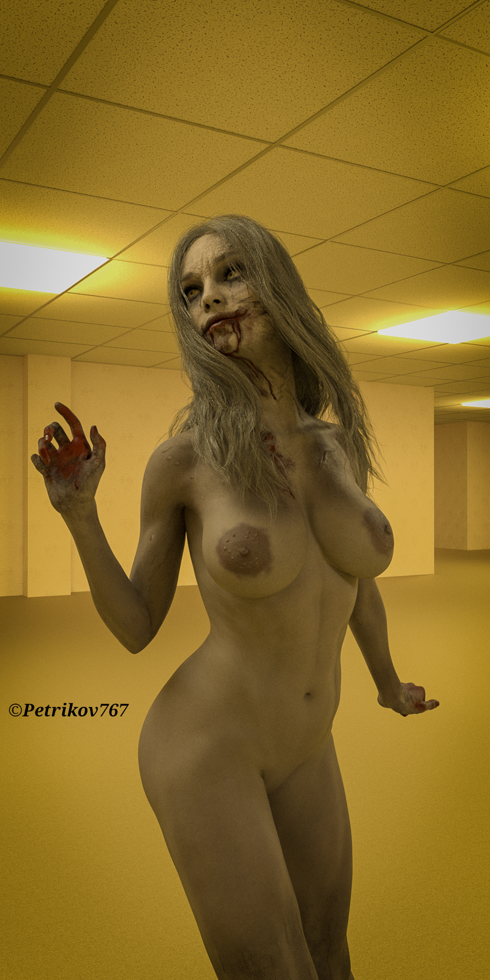 1girls 3d backrooms blood_on_face blood_on_hand leg_up pale-skinned_female pale_skin petrikov767 resident_evil resident_evil_9:_requiem selena_corey self_upload white_body white_hair zombie