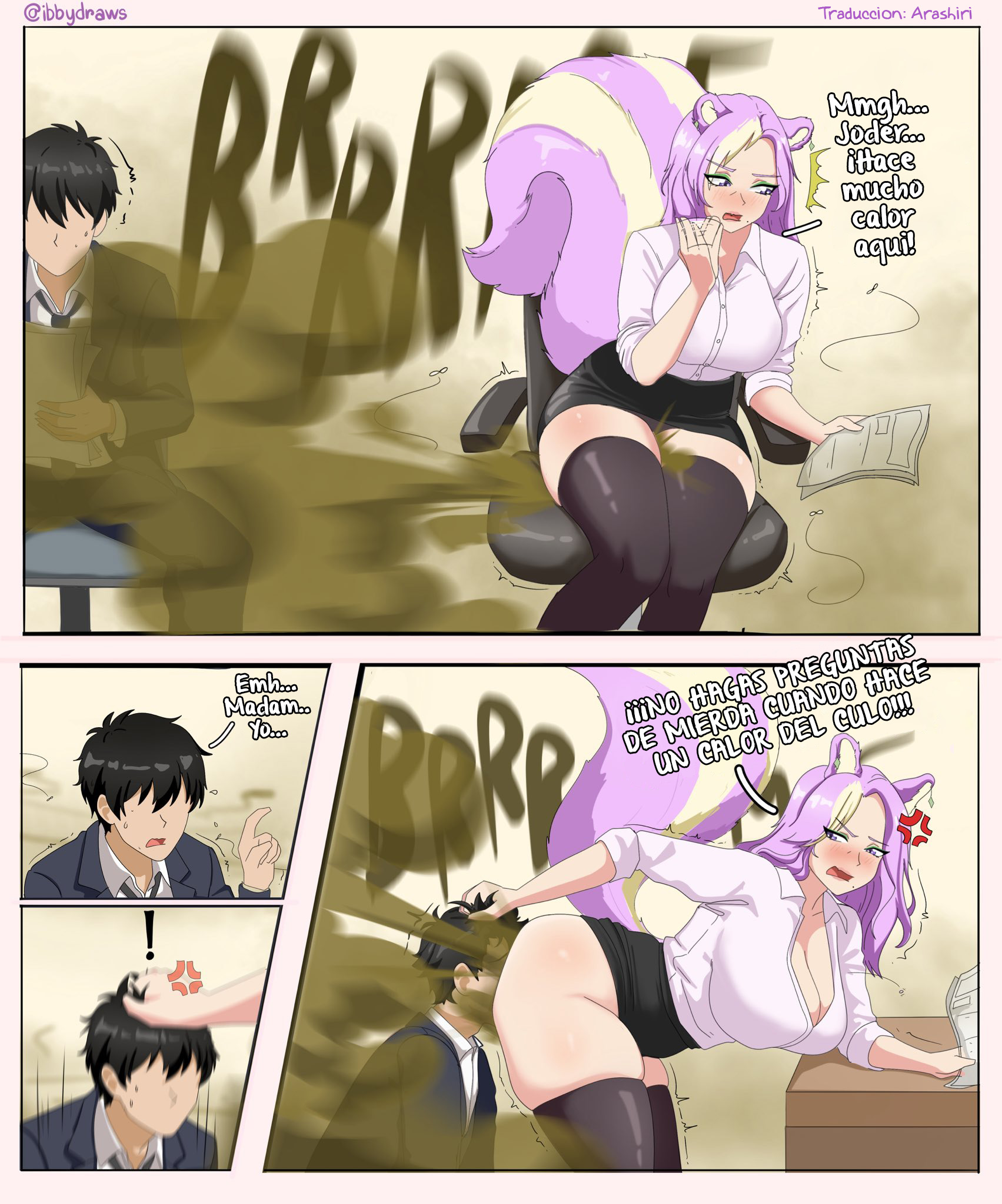 face in ass, facefart, facesitting, fart, fart fetish, female, male, pink hair, skirt, skunk girl, skunk tail