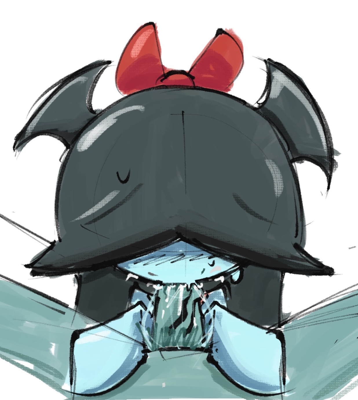 1futa, 1girl, 2d (artwork), aqua (deltarune), ashamed, blowjob, blowjob face, blue skin, blushing, clothed female, clothed female nude futa, cum, cum in mouth, dark hair, deep blowjob, deepthroat, deltarune, deltarune chapter 5, drool, drooling, futanari, gock, green skin, hair over eyes, holding legs, princess boo (psychone), psychone, pubic hair, pubic hair on face, ribbon, self upload, sweatdrop, sweating