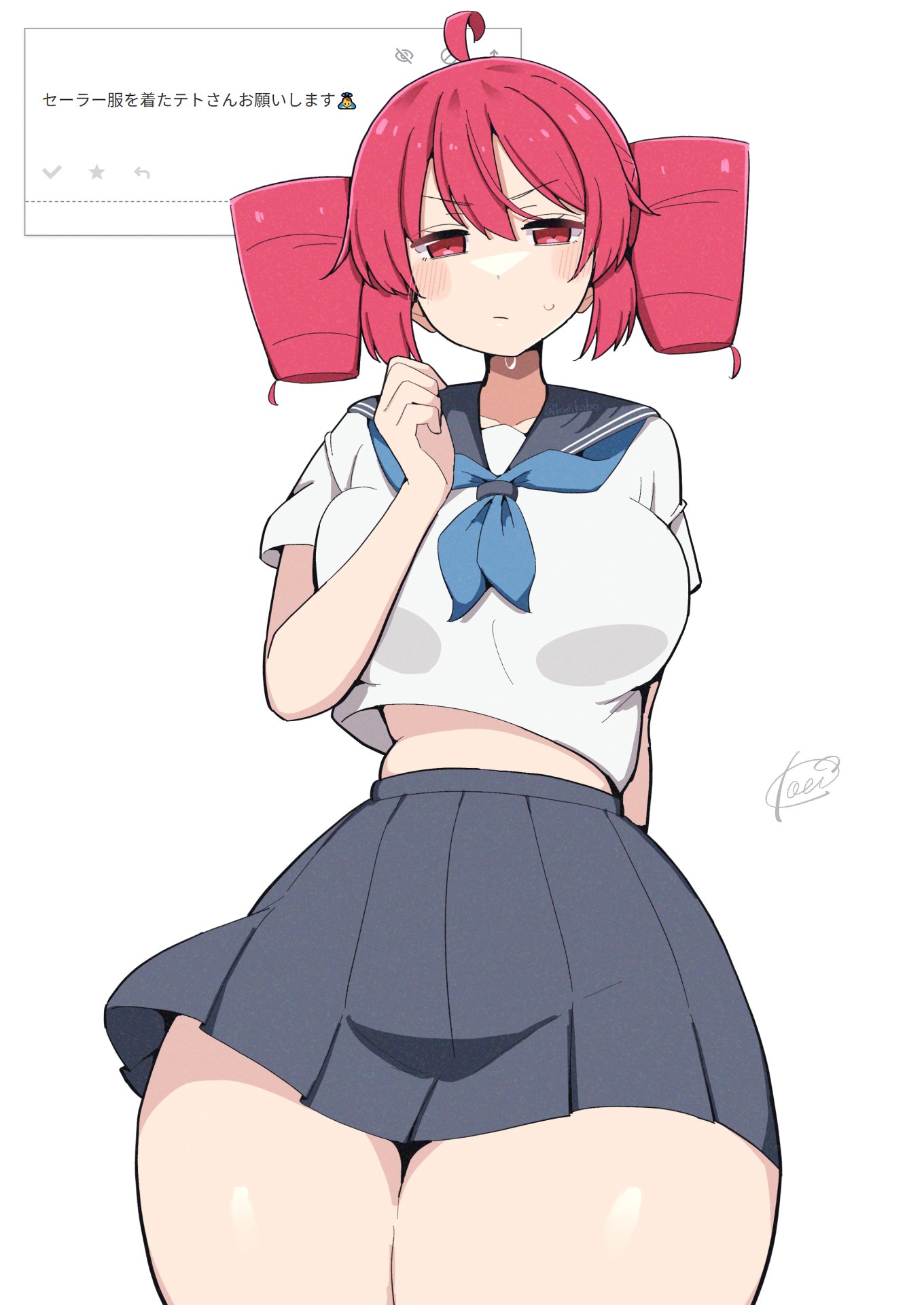 1girls, ahoge, alternate costume, belly, belly peek, big breasts, big thighs, black shorts, blush, blush stickers, blushing, bottom heavy, bow, bowtie, breasts, cameltoe, clothes lift, drill hair, female, highres, hips wider than shoulders, hourglass figure, huge breasts, huge thighs, kasane teto, koeikobo, kooei, large breasts, large thighs, looking at viewer, massive thighs, microskirt, miniskirt, plaid clothes, plaid skirt, pleated skirt, red eyes, red hair, sailor collar, sailor uniform, school uniform, serafuku, shiny skin, shiny thighs, shirt, shirt tucked in, short shorts, short sleeves, shorts, shorts under skirt, signature, simple background, skirt, skirt lift, slim waist, solo, sweat, sweatdrop, sweating, thick thighs, thighs, thighs bigger than head, thighs bigger than torso, twin drills, utau, white background, white shirt, wide hips