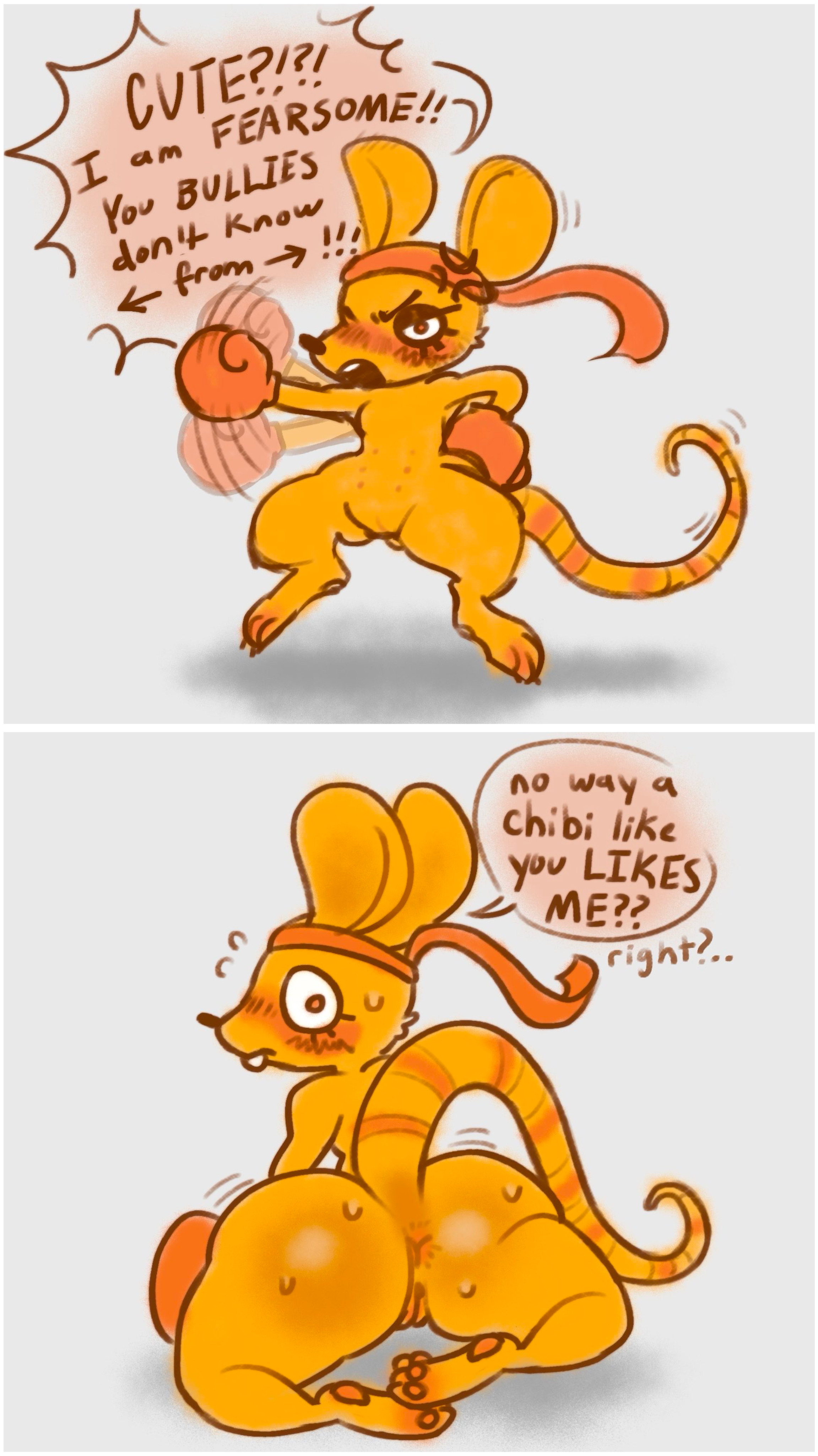 ass, ass focus, asshole, back view, behind view, butt, butt focus, butt jiggle, deltarune, deltarune chapter 5, exposed anus, exposed ass, exposed pussy, mouse, mouse ears, mouse girl, mouse tail, orange (deltarune), orange body, orange fur, paws, rodent, text, text box, text bubble