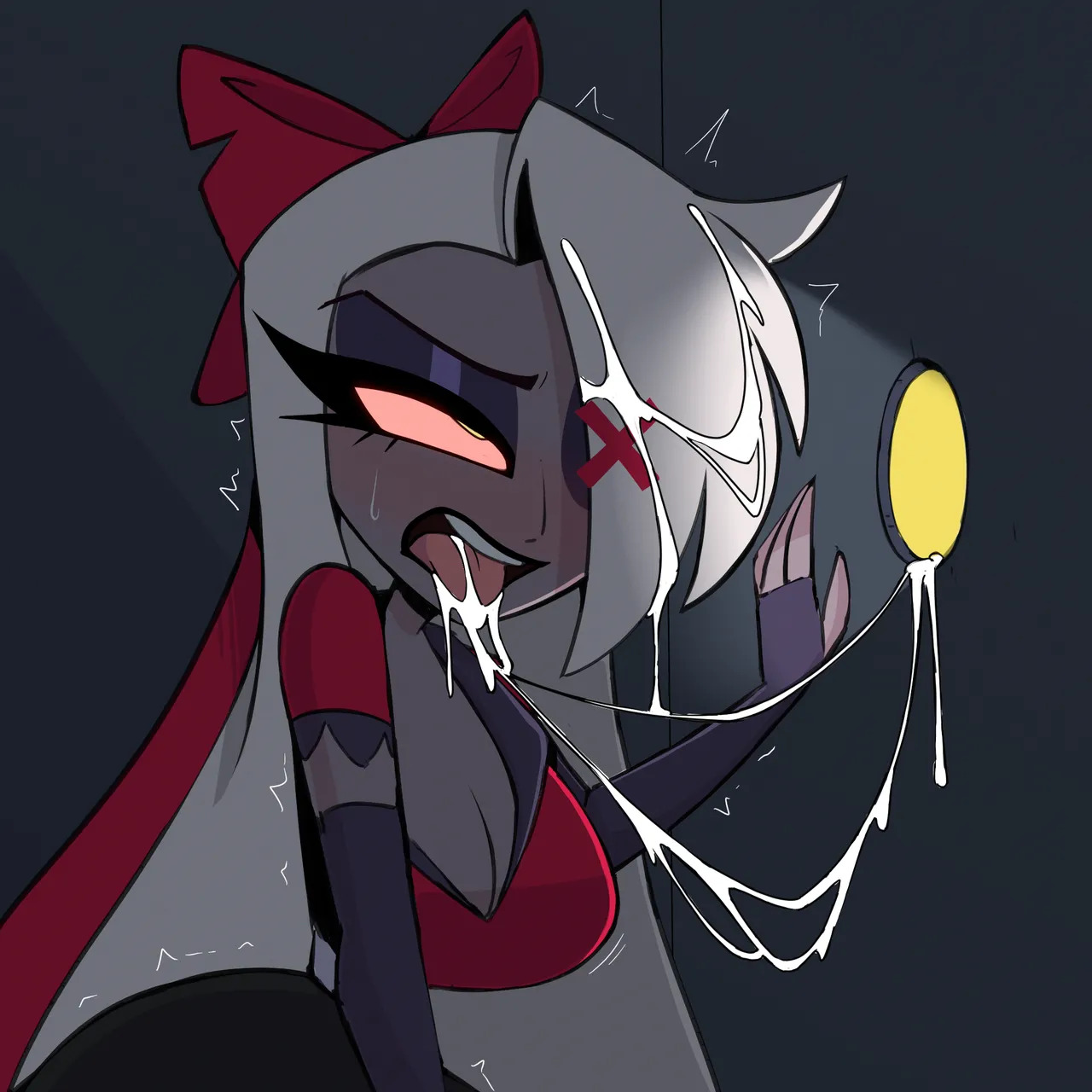 ahegao, big breasts, cum, glory hole, hazbin hotel, nelljoestar, orientation play (lore), vaggie (hazbin hotel), wide hips