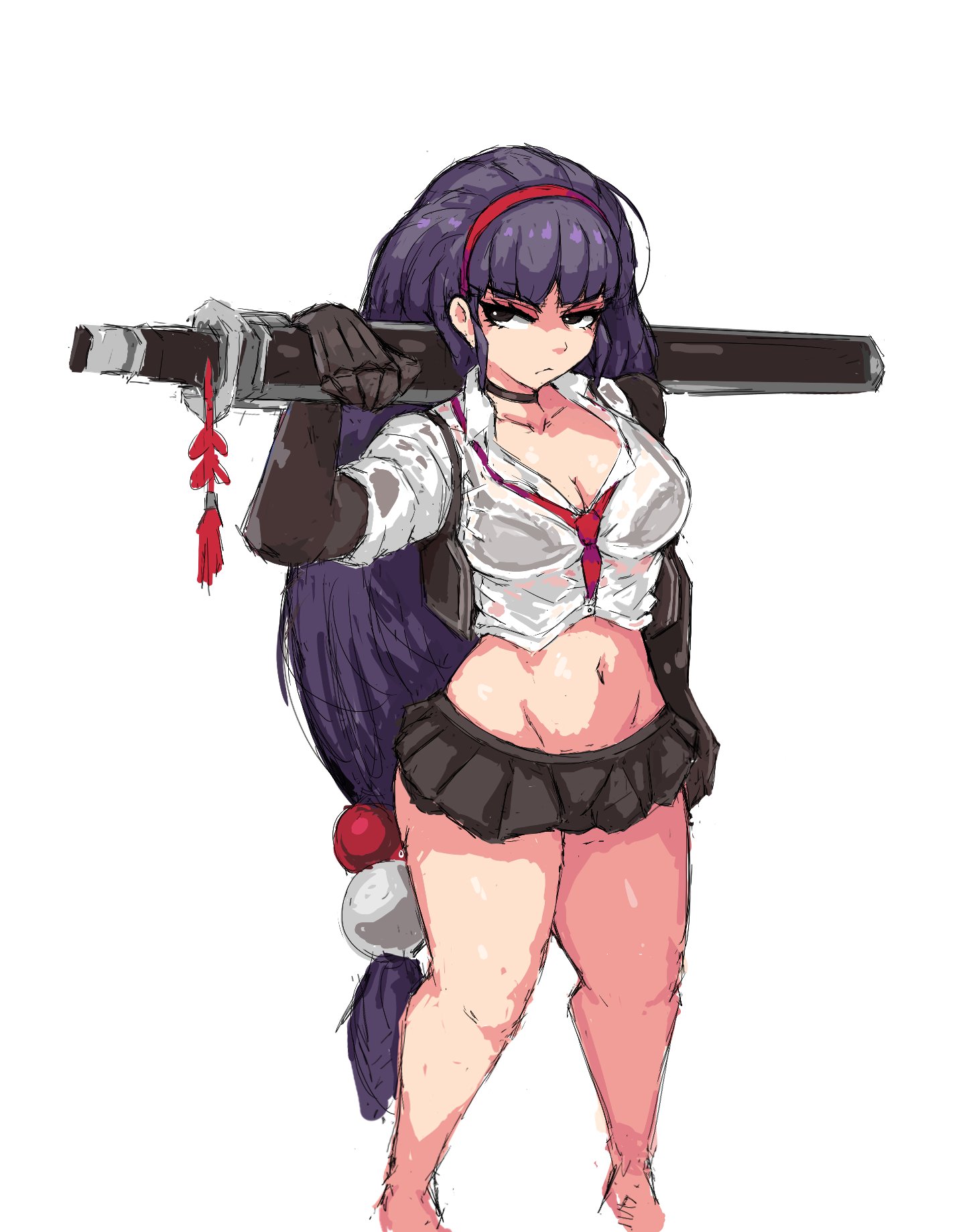 1girls, aeng-du (limbus company), blade lineage (identity) (project moon), bra, bra visible through clothes, breasts, female, headband, limbus company, littleteze, project moon, prosthetic, prosthetic arm, red headband, shirt, sword, weapon, wet shirt