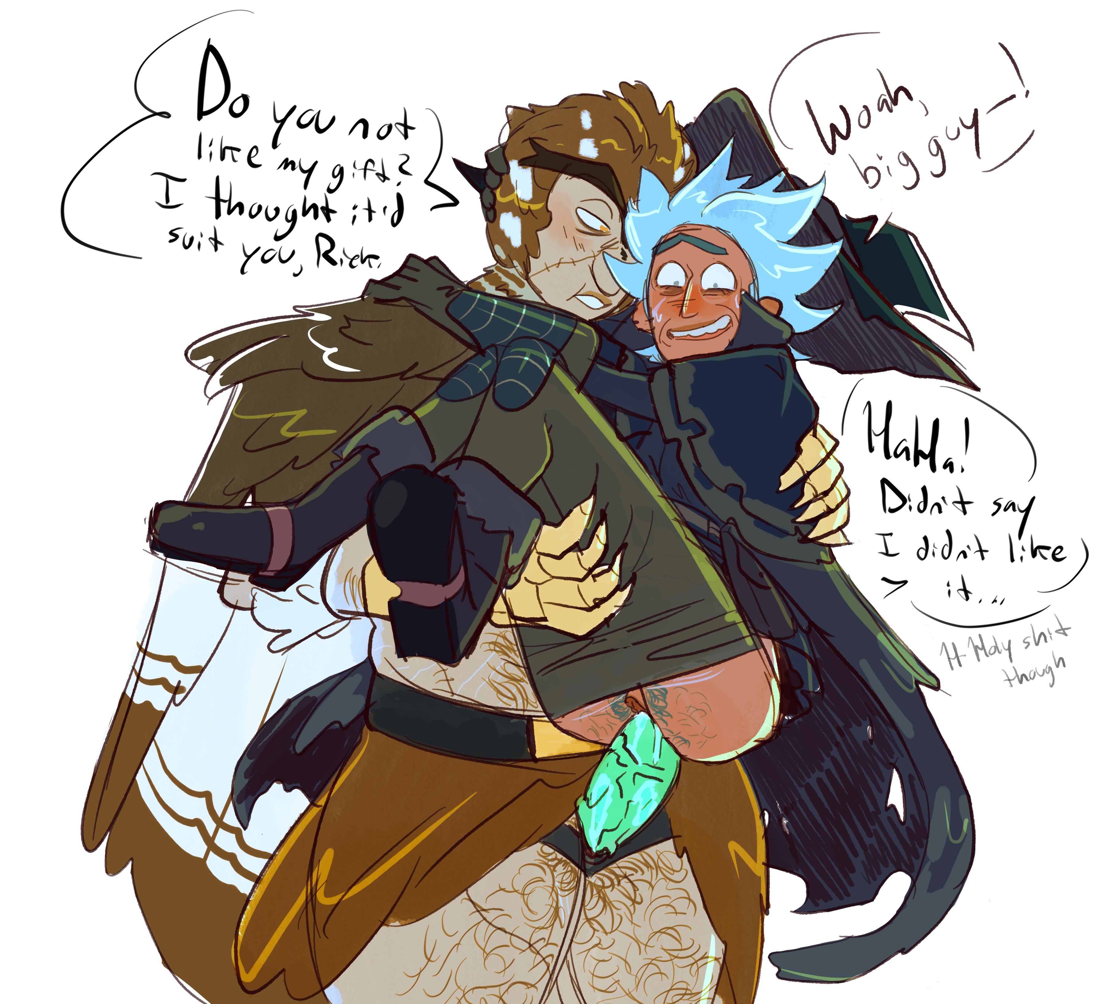 birdperson, cuntboy, cuntboy on cuntboy, depriviolent, holding up, intersex, partially clothed, rick and morty, rick sanchez, size difference, strap-on, transmasc