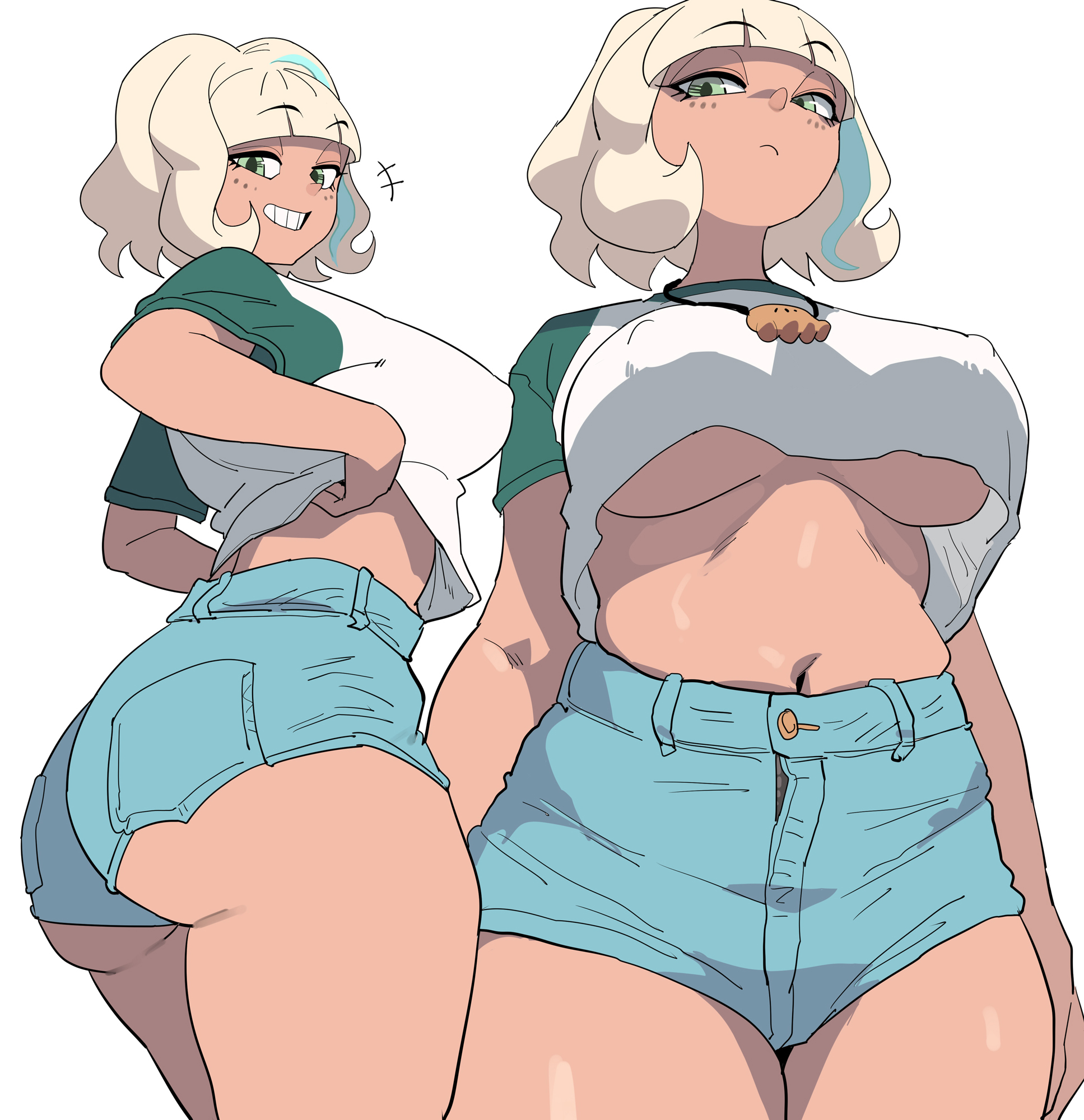 1girls, ass, ass hanging out, ass hanging out of shorts, belly, big ass, big breasts, blonde hair, booty shorts, breasts, bursting butt, clothed, clothed female, clothing, covered nipples, denim, denim clothing, denim shorts, disney, disney channel, female, female only, jackie lynn thomas, jeans shorts, looking down, looking down at self, navel, no bra, no bra under clothes, short shorts, shorts, simple background, slightly chubby, slightly chubby female, solo, solo female, star vs the forces of evil, sweatdrop, thick thighs, thighs, tight clothing, tight jeans, tight shorts, underboob, white background, yuta agc