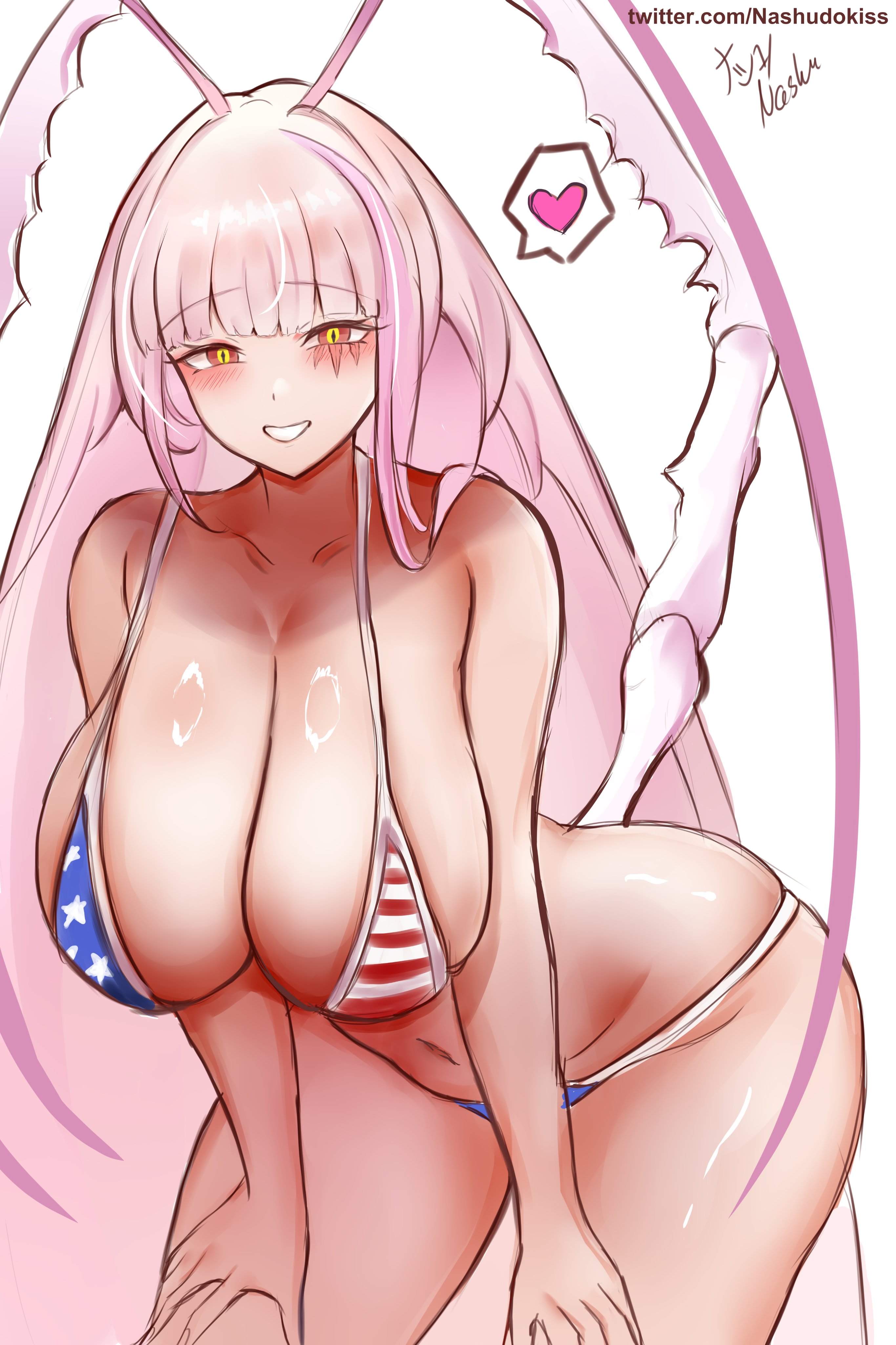 1girl, 1girls, absurdres, american flag, american flag bikini, american flag print, antennae, arthropod girl, arthropod limbs, big breasts, bikini, blunt bangs, breasts, cleavage, cockroach girl, curvy, facial mark, female, flag print, flag print bikini, grin, heart, highres, huge breasts, indie virtual youtuber, large breasts, long hair, looking at viewer, massive breasts, matara kan, mature, mature female, milf, mommy, monster girl, multicolored hair, nashudokiss, navel, older female, pink hair, print bikini, red eyes, smile, solo, spoken heart, streaked hair, swimsuit, thick thighs, thighs, tits, very long hair, virtual youtuber, vtuber, white background, wide hips, yellow eyes