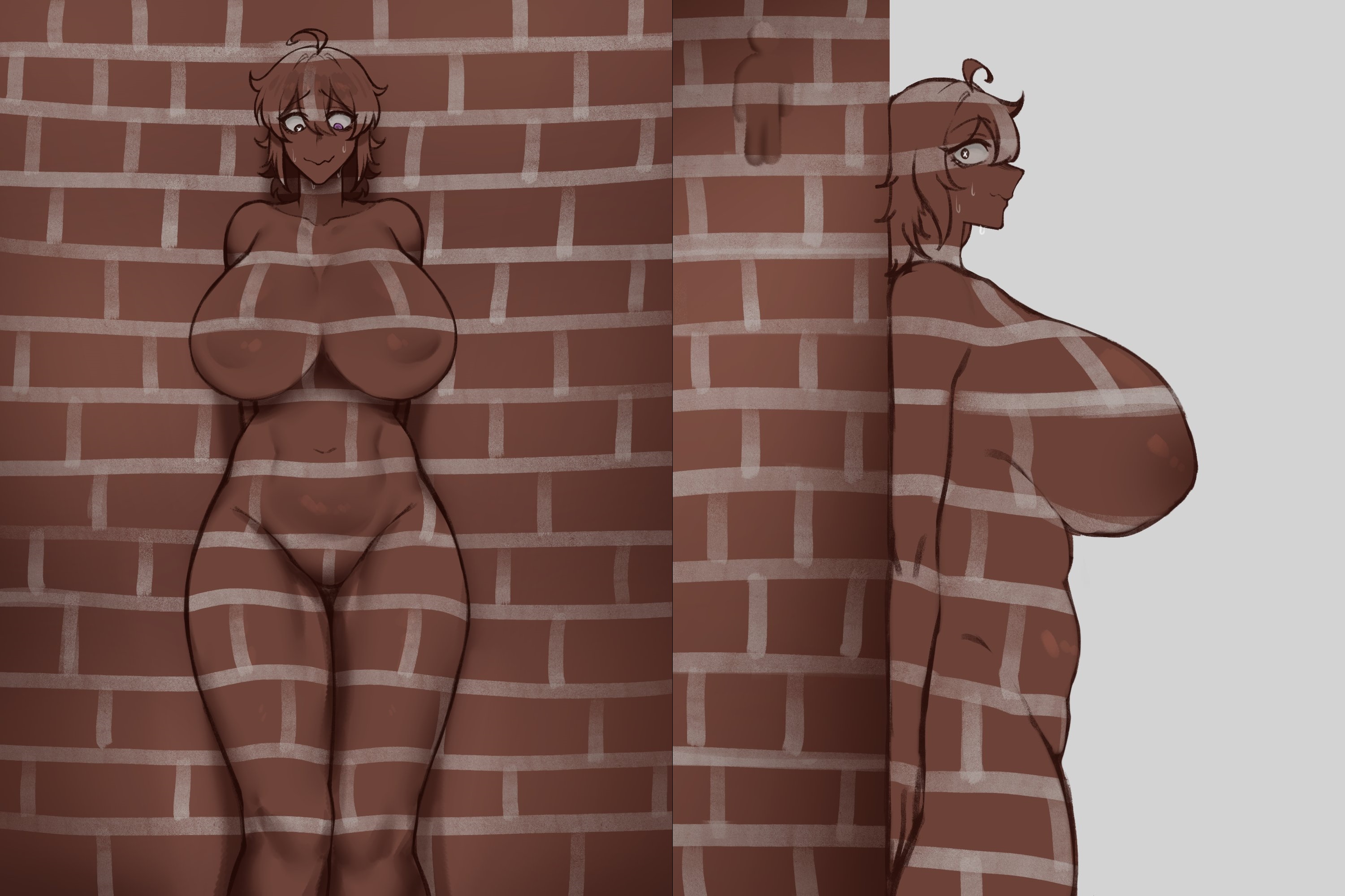 abdomen, against wall, areolae, areolae slip, barely visible nipples, barely visible pussy, big areolae, big breasts, body paint, bodypaint, breasts, breasts bigger than head, brick, brick wall, camouflage, completely nude, completely nude female, curvaceous, curvaceous female, curvaceous figure, curvy, curvy body, curvy female, curvy figure, female, female only, full body, game, gameplay mechanics, hide and seek, huge breasts, large breasts, meccha chameleon, naked, naked female, navel, nude, nude female, oc, original character, scared expression, side view, sideboob, standing, thick, thick hips, thick thighs, thighs, voluptuous, voluptuous body, voluptuous female, wall, wall (structure), worried expression, zeni (zenikitsu), zenikitsu