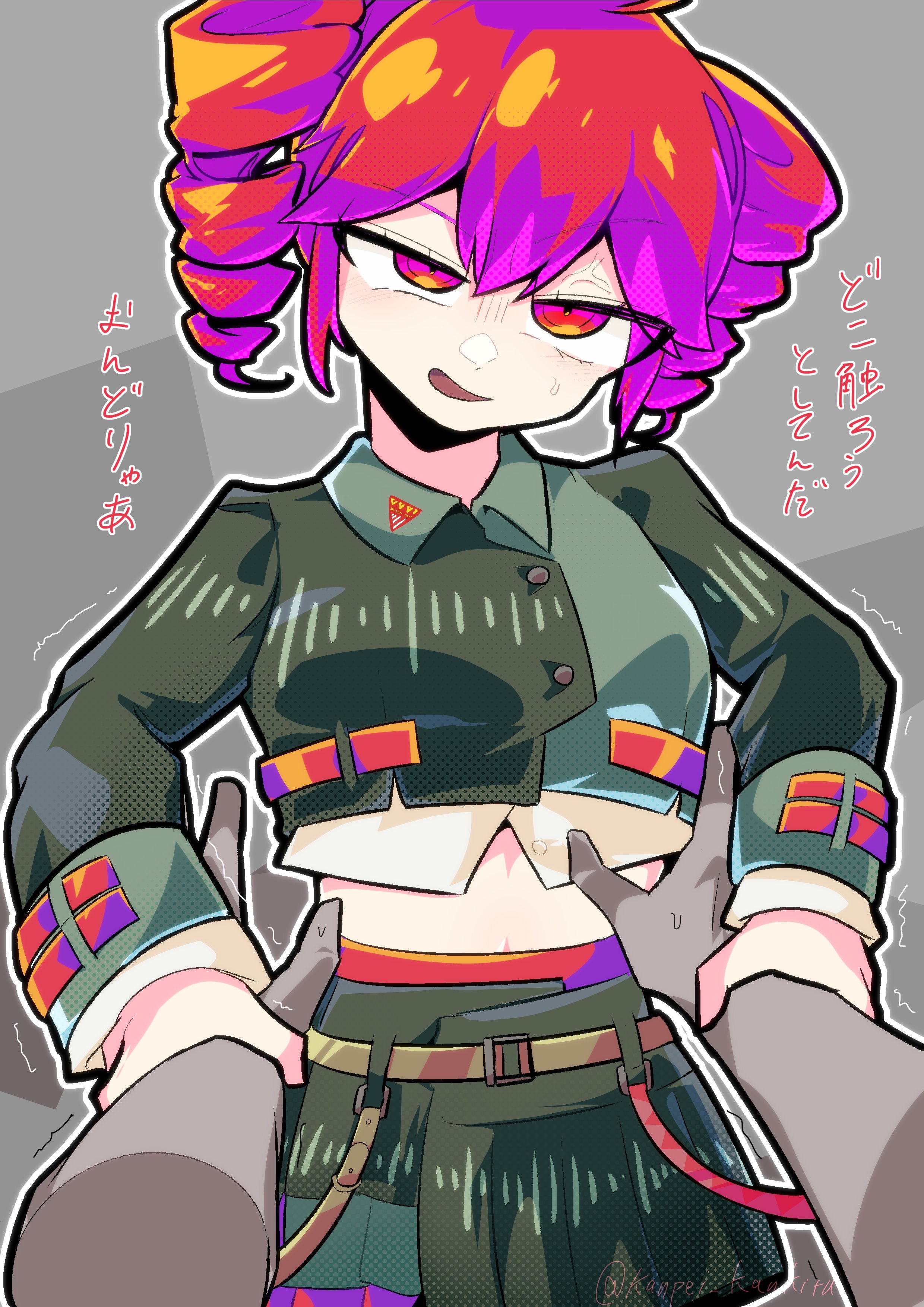 1boy, 1girls, 2d, 2d (artwork), annoyed, annoyed expression, arms grab, artist request, belly, belly peek, breasts, clothed, clothed female, clothing, crop top, cropped jacket, female, fully clothed, grabbing arms, grope attempt, japanese text, kasane teto, kasane teto (voicepeak), looking at viewer, male, male pov, midriff, navel, petite, petite body, petite female, pov, red eyes, red hair, simple background, skinny, skinny female, skirt, slim girl, slim waist, small breasts, straight, sweat, sweatdrop, sweating, text, translation request, trying to resist, twin drills, voicepeak