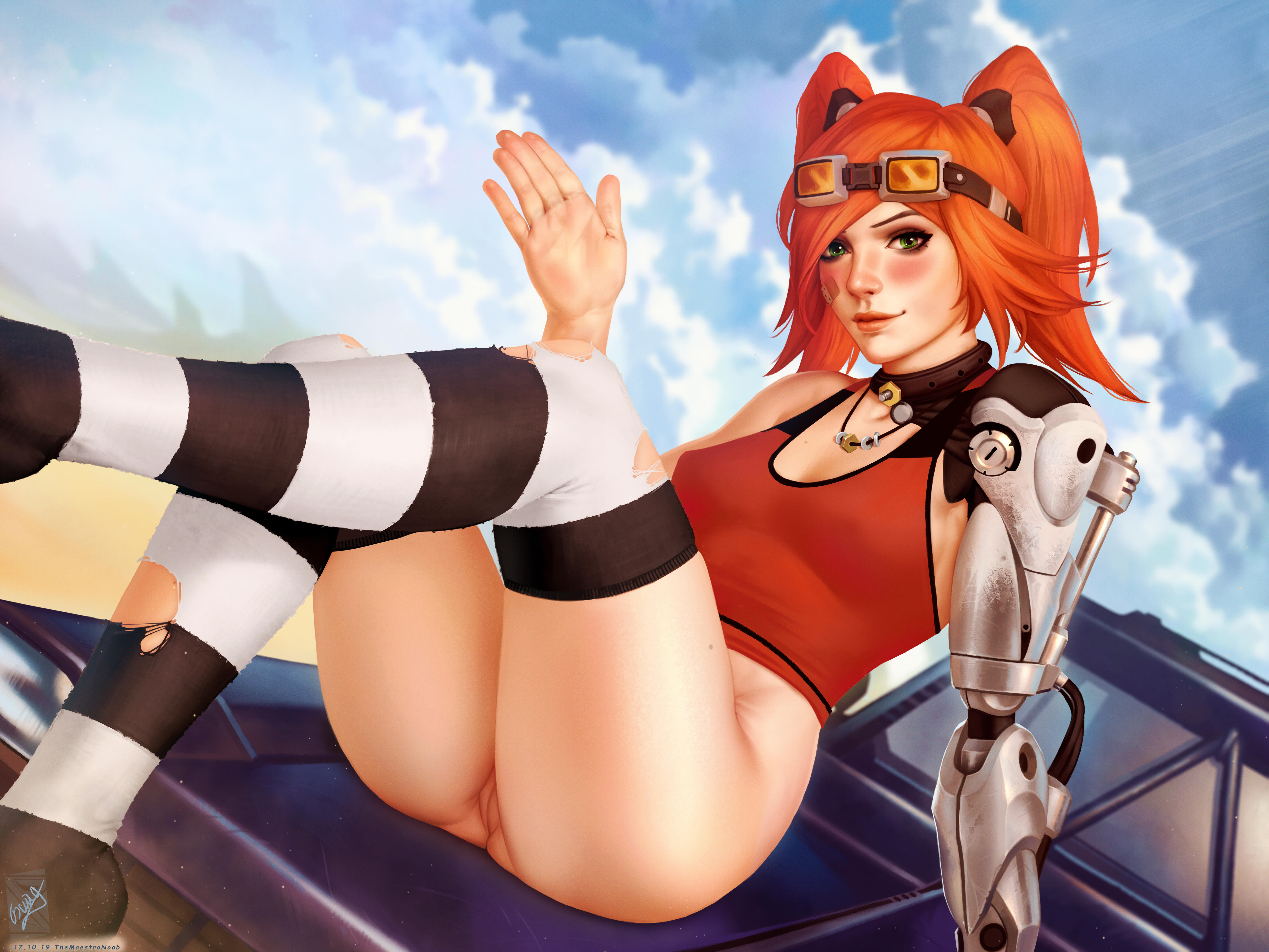 1girls, 2d, absurdres, ass, borderlands, borderlands 2, breasts, cleavage, female, female only, gaige (borderlands), goggles, green eyes, highres, looking at viewer, pussy, sci-fi, science fiction, scifi, solo, solo female, spread legs, themaestronoob, thighhighs