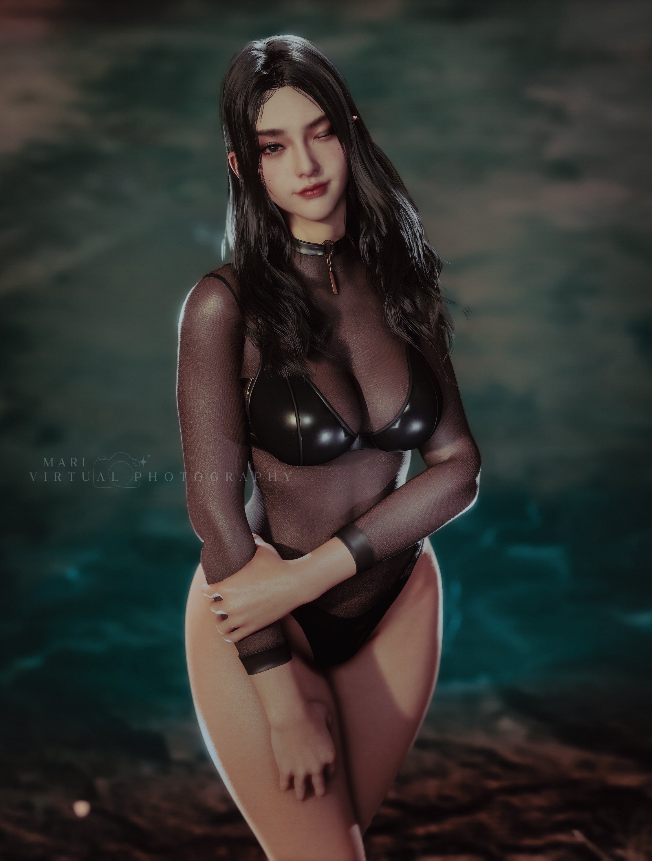 3d, artist name, artist request, asian, asian female, bikini, black hair, child bearing hips, cleavage, cleavage cutout, long hair, looking at viewer, medium breasts, one eye closed, one-piece swimsuit, posing, posing for the viewer, see-through bra, see-through clothing, see-through dress, slim waist, smiling, smiling at viewer, stellar blade, tachy (stellar blade), tagme, thick ass, thick thighs, video game character, video games, viewed from above, wide hips