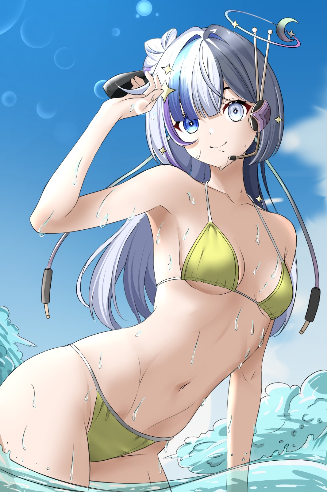 1girl 1girls arm_up armpits audio_jack bikini blue_eyes blue_sky blue_streaks breasts closed_mouth commentary english_commentary female gold_bikini grey_eyes grey_hair hair_intakes hair_ornament headset heterochromia highres indie_virtual_youtuber lens_flare long_hair looking_at_viewer multicolored_hair navel outdoors purple_streaks radio_antenna rin_penrose sky small_breasts smile solo sparkle_print split_mouth streaked_hair swimsuit virtual_youtuber vtuber wet white_hair
