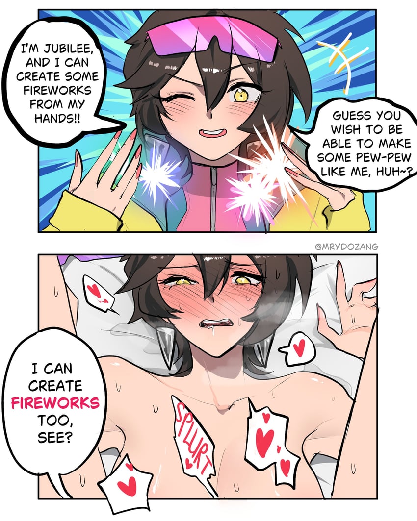 1girls 2d 2d_(artwork) asian_female bed before/after blush brown_hair clothed/nude coat comic comic_page drooling earrings english_text eyewear_on_head hair_between_eyes heart instant_loss jacket jewelry jubilee jubilee_(marvel_rivals) marvel marvel_comics marvel_rivals marydjiang medium_hair multiple_views mutant_(marvel) on_bed opaque_sunglasses open_mouth pink-tinted_eyewear saliva sidelocks sound_effects speech_bubble spoken_heart teeth tinted_eyewear tomboy twitter_username upper_teeth_only yellow_coat yellow_eyes yellow_jacket zipper zipper_pull_tab