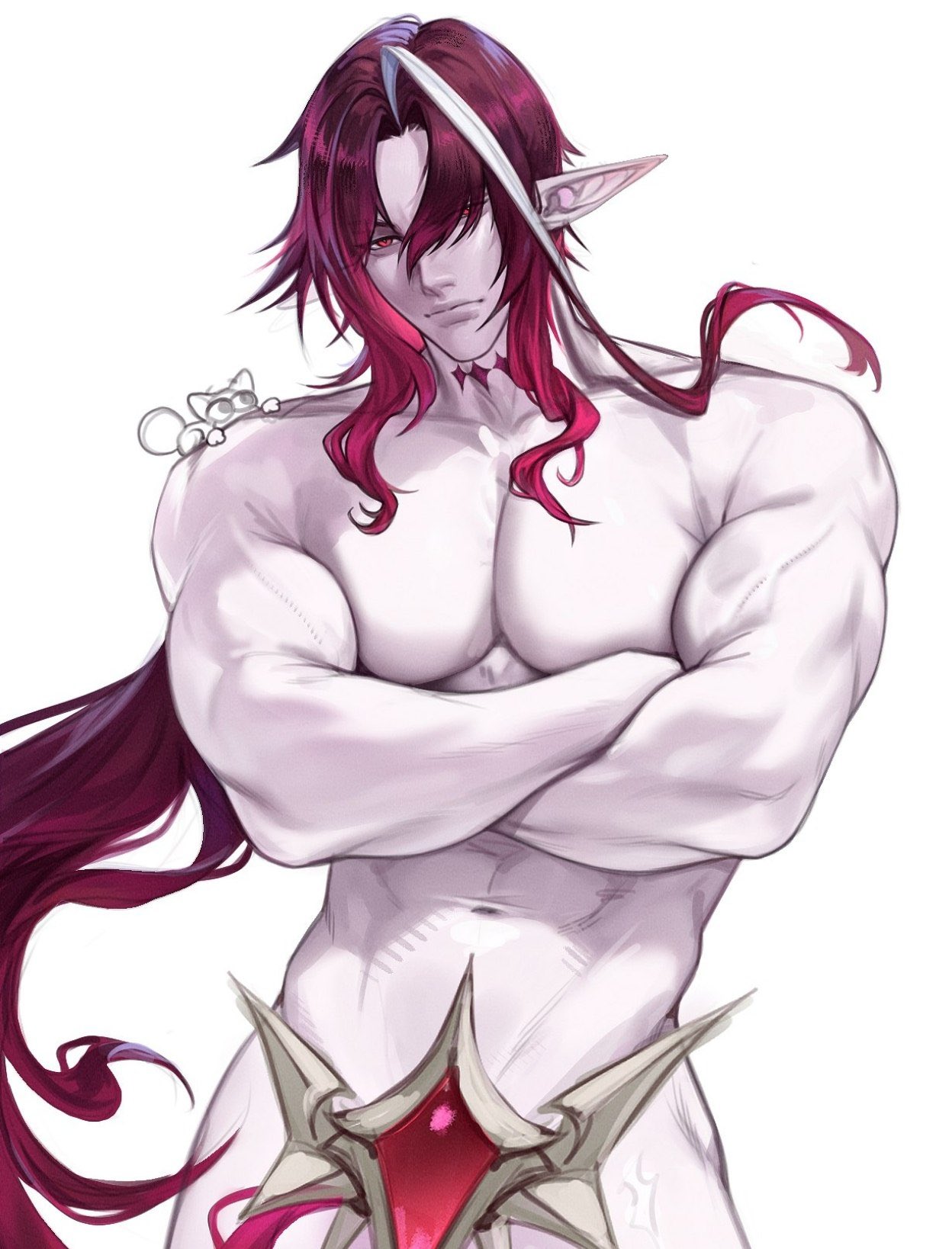 1boy, abs, crossed arms, genshin impact, long hair, male, male focus, male only, male solo, muscular, muscular male, neck markings, noy (genshin impact), red eyes, red hair, solo, solo focus, solo male, white background, white streak