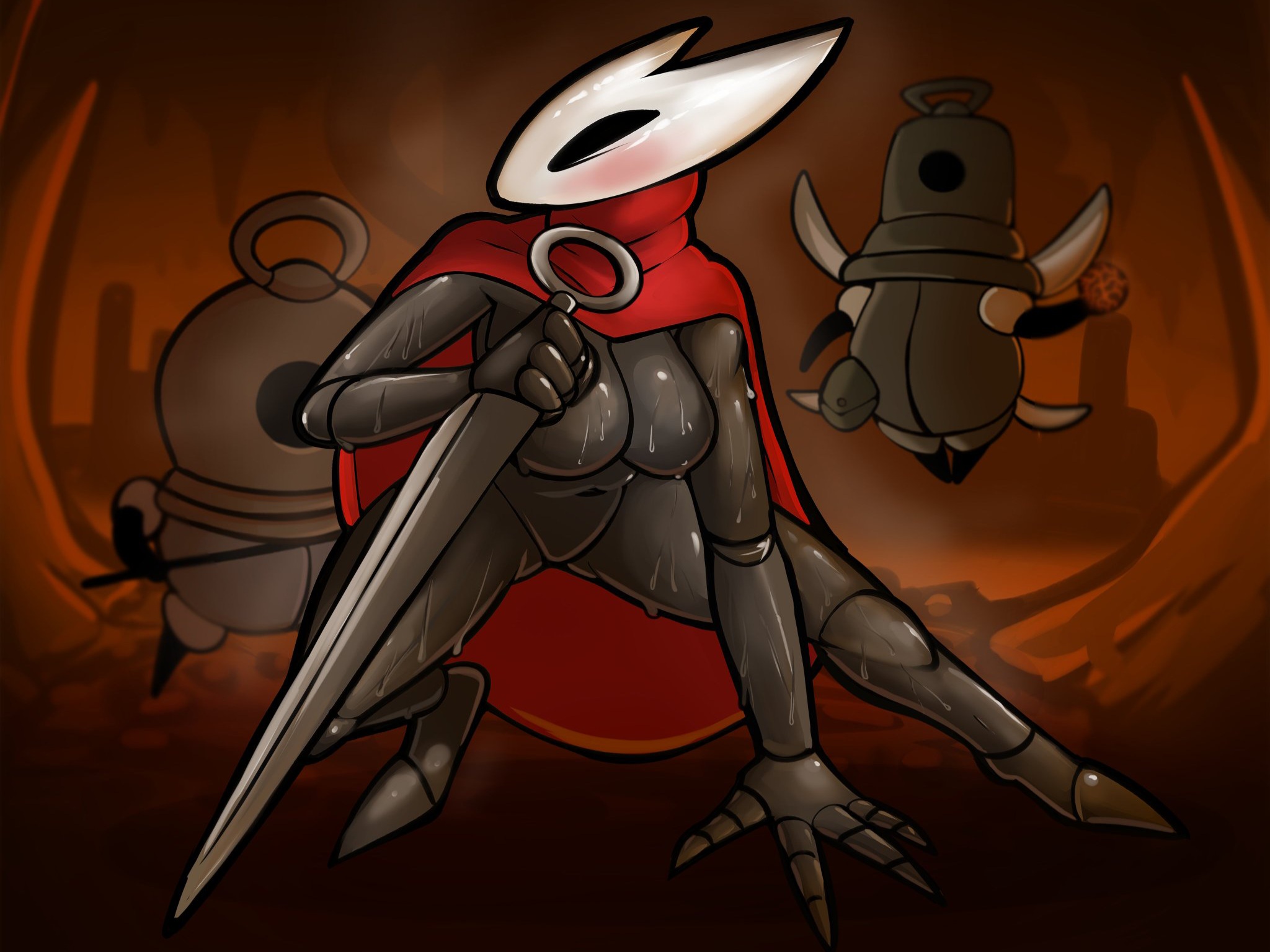 4:3, anthro, black body, blushed face, captain dagon, cave background, color, combat, exposed breasts, female only, hi res, hollow knight, hollow knight: silksong, hornet (hollow knight), looking away, medium breasts, slender body, solo female, sweaty body, sword, voluptuous