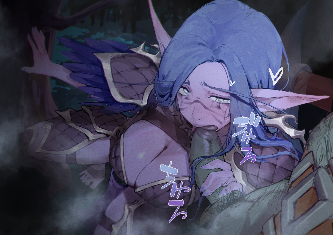 1boy, 1boy1girl, 1girl, 2d, blowjob, blue hair, elf, elf ears, fellatio, large breasts, night elf, oral, oral sex, orc, orc (warcraft), puk, purple skin, world of warcraft