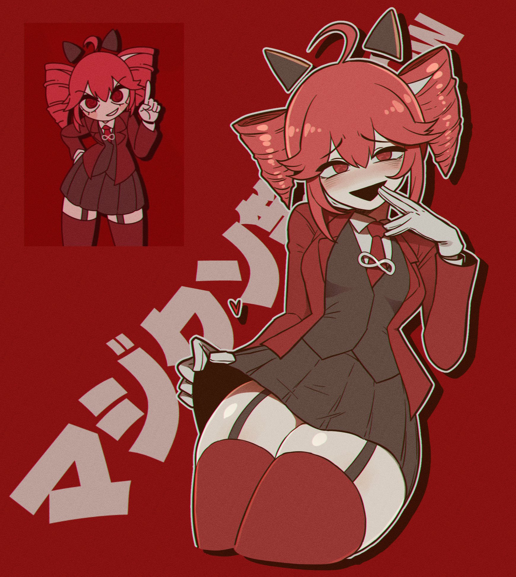 1girls, 2d, 2d (artwork), absolute territory, ahoge, big thighs, blush, blush lines, blushing, blushing female, breasts, demon, demon girl, demon horns, execution clap (trap chick), eyelashes, fat thighs, female, female only, formal, formal wear, garter belt, garter straps, horns, hourglass figure, huge thighs, kasane teto, kasane teto (sv), large thighs, lifting skirt, meaty thighs, medium breasts, miniskirt, misg1111, mv character, necktie, open mouth, pear shaped, pear shaped female, plump, plump thighs, red background, red eyes, red hair, reference, reference image, seductive, seductive look, seductive smile, shiny skin, shiny thighs, sidelocks, simple background, skindentation, skirt, skirt lift, slim waist, solo, solo female, suggestive, suggestive look, suggestive pose, synthesizer v, tease, teasing, teasing viewer, thick thighs, thighhighs, thighs, thighs bigger than head, thighs bigger than torso, triangle mouth, twin drills, utau, zettai ryouiki
