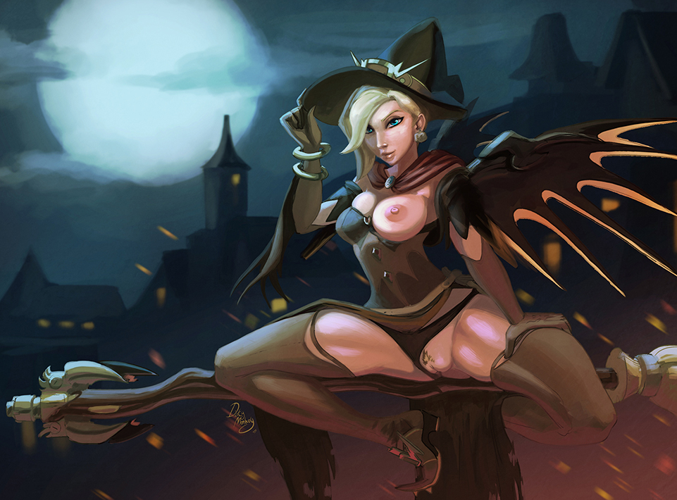 1girls alternate_costume blonde_hair breasts broom broom_riding broomstick eichenwalde_(map) female flying_broom mercy nipples overwatch pubic_hair pussy solo thedirtymonkey thighhighs witch witch_hat witch_mercy