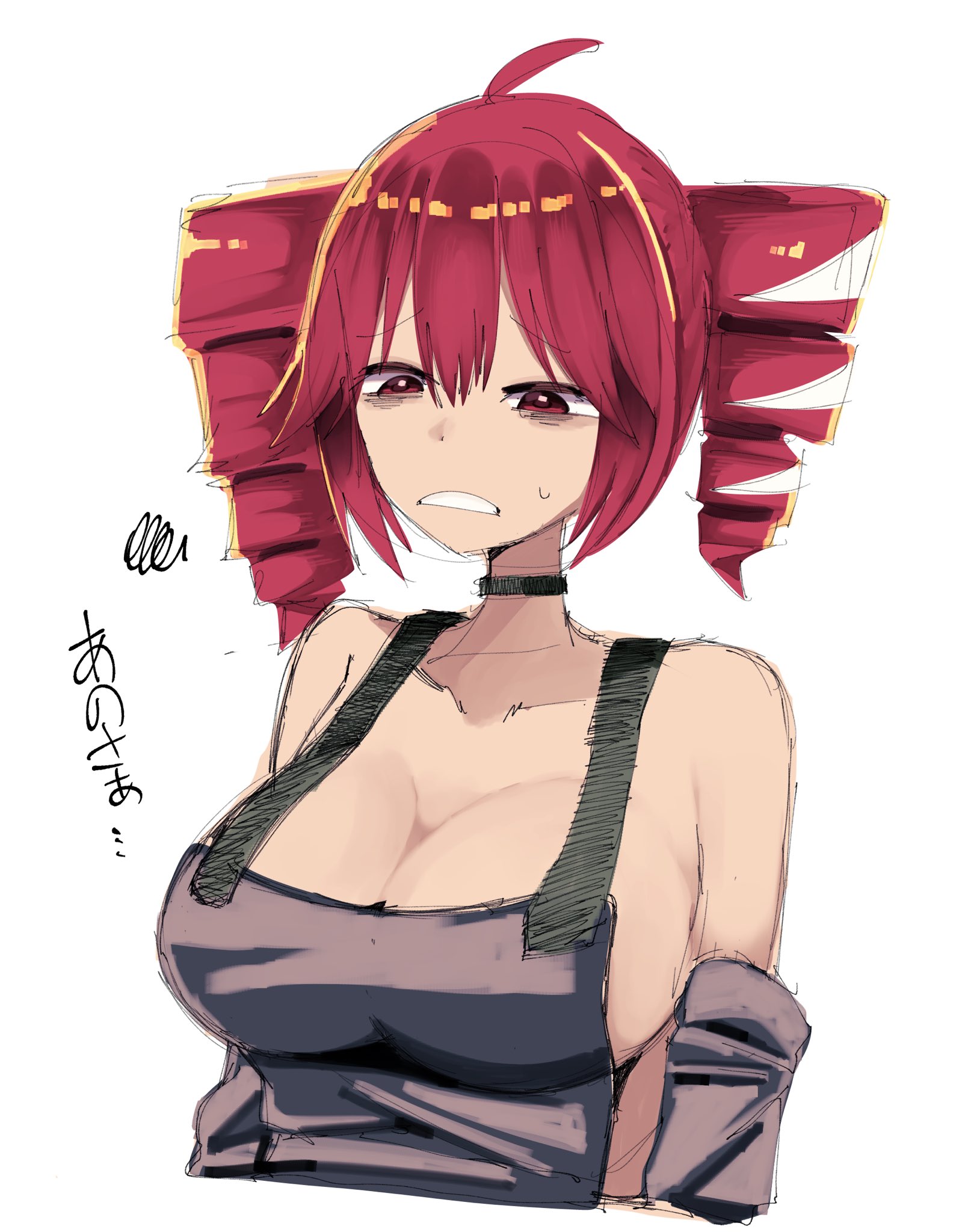 1girls, 2d, 2d (artwork), ahoge, big breasts, bp17522574, breasts, breasts focus, choker, cleavage, female, female only, frown, hair ornament, huge breasts, inconvenient breasts, japanese text, kasane teto, large breasts, looking at breasts, looking at own breasts, looking down, no bra, open mouth, overalls, overalls only, red eyes, red hair, simple background, solo, solo female, sweat, sweatdrop, sweating, teeth, text, twin drills, upper body, upper body focus, utau, white background