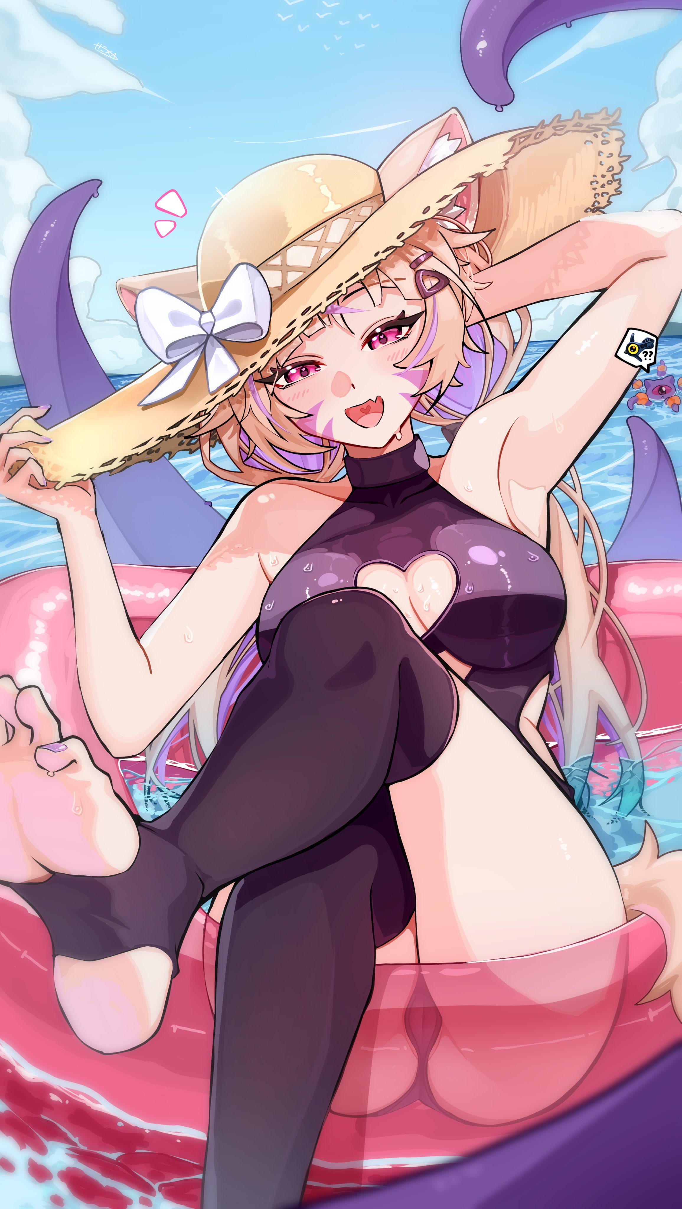 :d, 1girl, armpits, barefoot, black legwear, blonde hair, breasts, cleavage, cleavage cutout, day, fang, fangs, feet, hat, hat bow, heart, hexasgone, horns, indie virtual youtuber, innertube, large breasts, long hair, looking at viewer, mole, open mouth, outdoors, pink eyes, sitting, sky, smile, soles, solo, squchan (vtuber), stirrup legwear, stirrup thighhighs, sun hat, swimsuit, tail, thighhighs, toes, virtual youtuber, vyugen, water