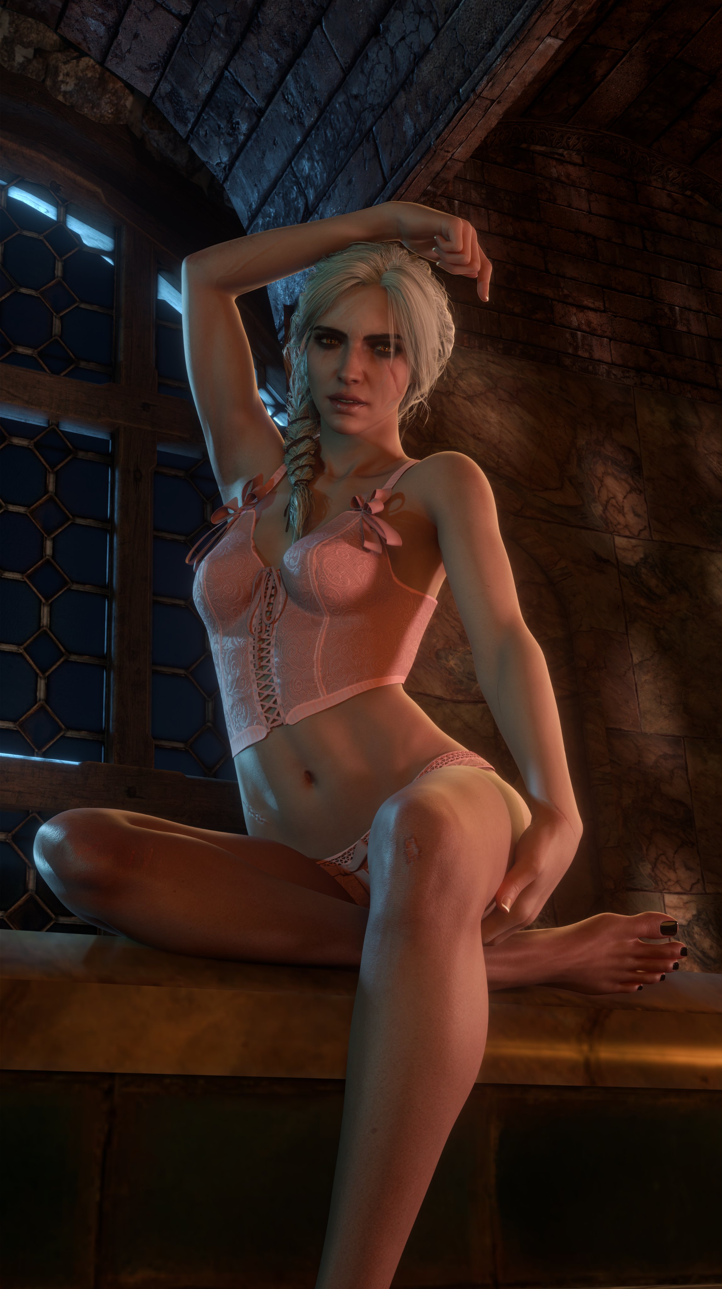 1girls, 3d, armpits, bra, breasts, cd projekt red, ciri, corset, female, freckles, freckles on face, light-skinned female, lingerie, looking at viewer, mascara, scar, solo, solo female, sumwut3d, the witcher (series), the witcher 3: wild hunt, the witcher 4, white hair