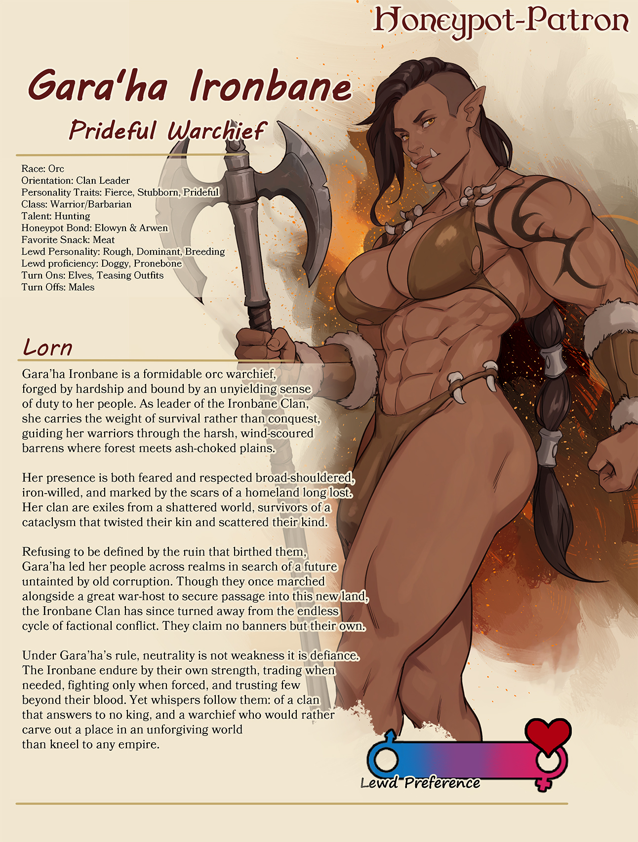 1futa, 2026, abs, arm tattoo, asymmetrical hair, axe, battle axe, bikini, blizzard entertainment, brown bikini, brown hair, brown loincloth, bulge, character name, character sheet, cherry-gig, clenched hand, dark skin, dark-skinned futa, double-sided axe, english text, fur trim, futa only, futanari, gara'ha, heart, hi res, holding, holding axe, loincloth, long hair, looking at viewer, mag'har orc, male-female symbol, muscular, muscular futa, orange eyes, orc, orc (warcraft), orc futa, ponytail, reference sheet, shoulder tattoo, sidecut, solo, swimsuit, tattoo, text, thick thighs, thighs, tusks, undercut, vambraces, warcraft, weapon, world of warcraft