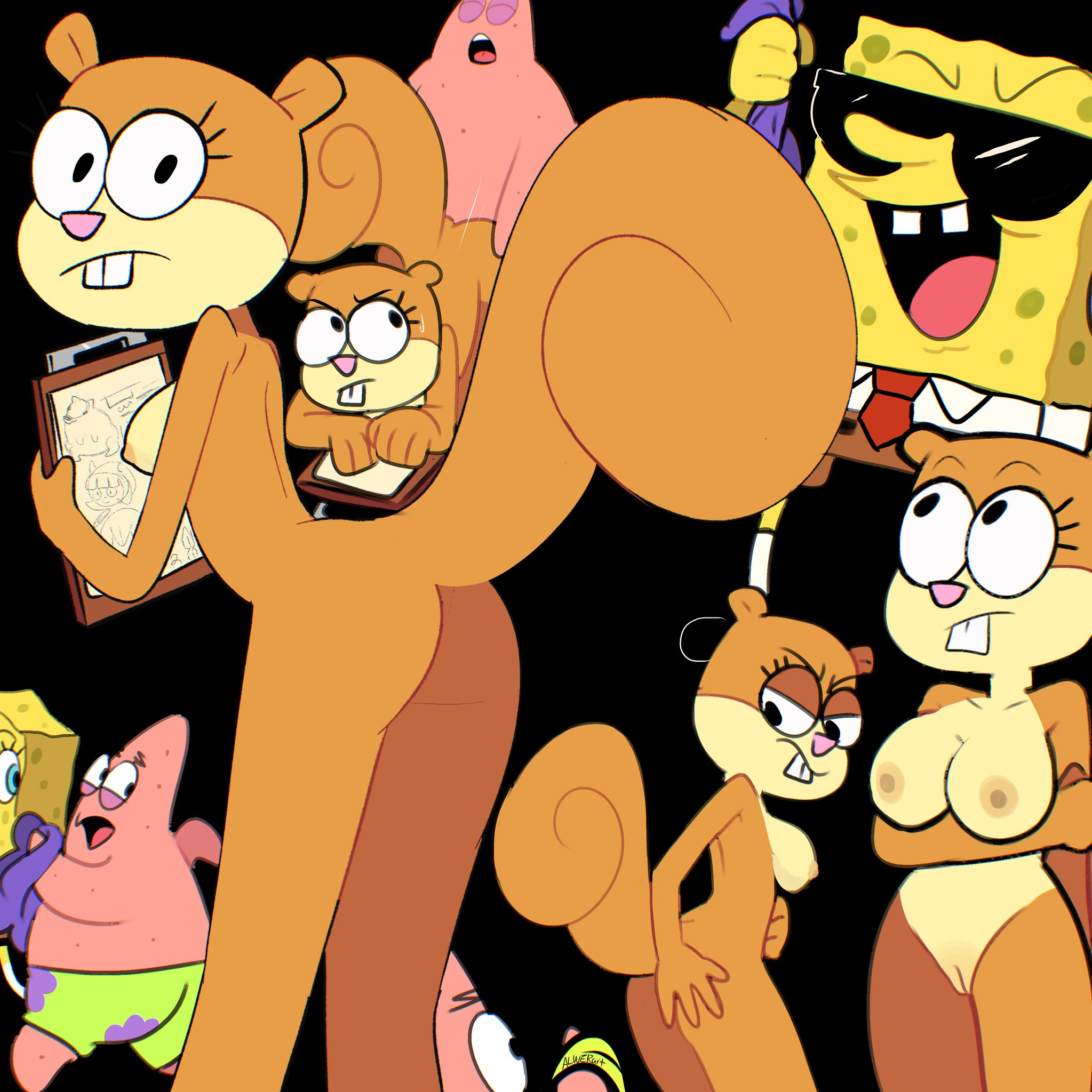 1girls, 2boys, alwer, alwerart, anthro, anthro on anthro, ass, black background, breasts, brown fur, clipboard, clothed male nude female, clothing, doggy style, echinoderm, eyelashes, female, furry, furry female, furry male, furry only, glasses, green shorts, hands on ass, holding clipboard, interspecies, looking at another, male, male/female, mammal, marine, mature, mature female, mature male, nickelodeon, nipples, nude, nude female, open mouth, pants, patrick star, pink body, rodent, sandy cheeks, sea sponge, sex, shorts, spongebob squarepants, spongebob squarepants (character), squirrel, starfish, straight, straight sex, sunglasses, tail