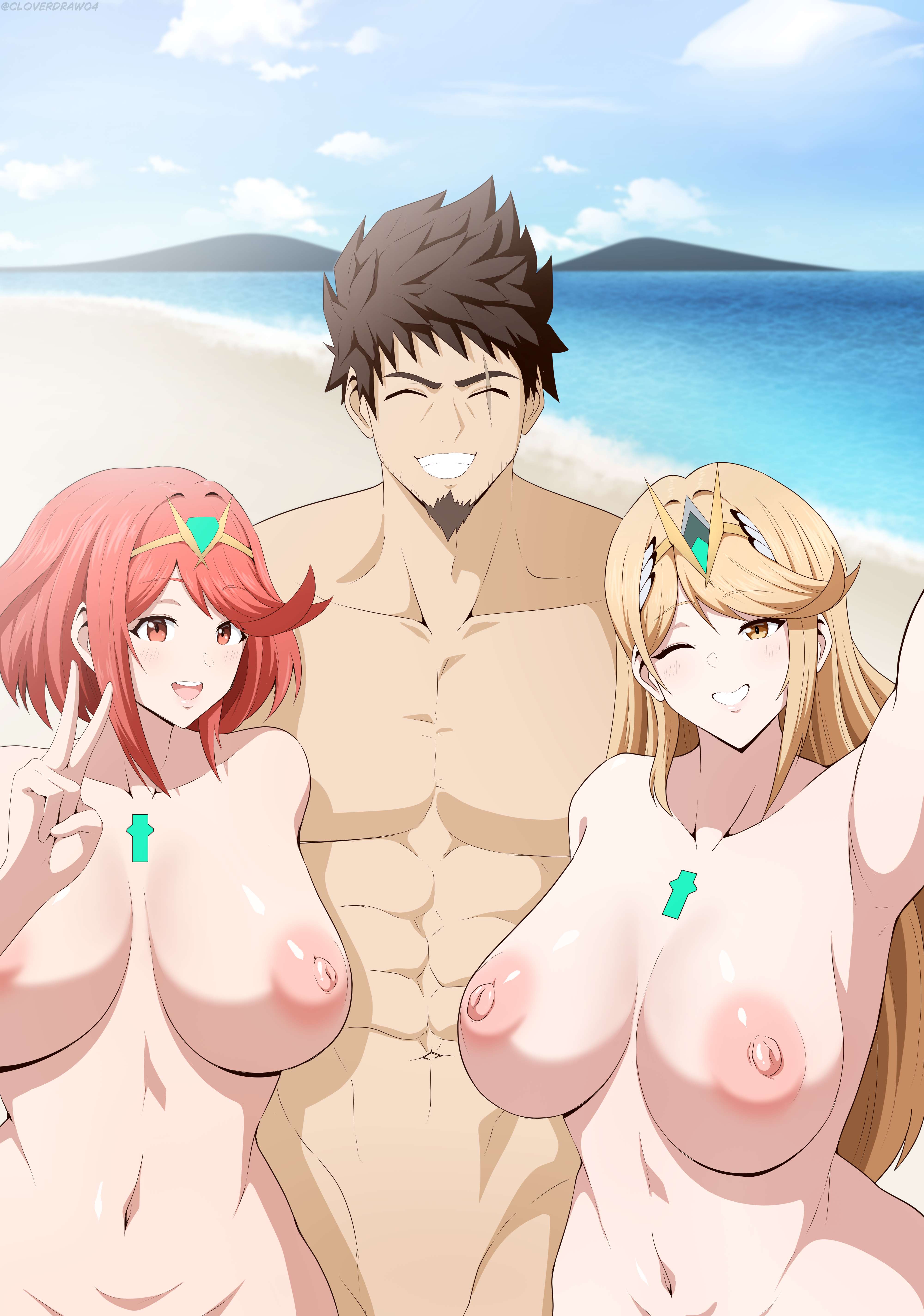 1boy, 2girls, artist request, beach, beard, big breasts, blonde female, blonde hair, blonde-haired female, breasts, brown hair, brunette, brunette hair, casual, casual nudity, cloverdraw04, core crystal, exposed, goatee, happy, husband and wife, large breasts, light skin, light-skinned female, long hair, looking at viewer, married, muscular, muscular male, mythra, nipples, nude, nude female, nude male, ocean, ocean background, one eye closed, peace sign, polyamory, public, public exposure, public nudity, pyra, red eyes, red hair, red-haired female, rex (xenoblade), rex (xenoblade) (future redeemed), scar, scar across eye, scar on face, smile, smiling, taller male, tiara, wholesome, wholesome nudity, xenoblade (series), xenoblade chronicles 2, xenoblade chronicles 3, xenoblade chronicles 3: future redeemed