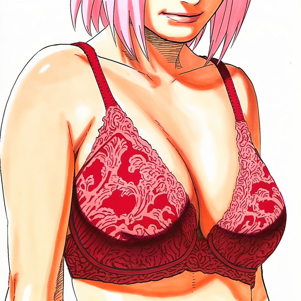 1:1, 1girls, 2d, accurate art style, accurate body type, ai generated, arms at sides, bare arms, bare shoulders, boruto: naruto next generations, bra, breast focus, breasts, cel shading, close-up, closed mouth, clothing, collarbone, female, female focus, female only, front view, full color, head out of frame, high resolution, highres, lace, lace trim, lace-trimmed bra, light skin, light-skinned female, line art, lineart, lingerie, lingerie bra, looking at viewer, manga style, masashi kishimoto style, mature female, medium breasts, milf, narrow waist, naruto, naruto (series), official style, pink hair, pink lips, red bra, sakura haruno, shiny skin, short hair, simple background, slender waist, slim waist, smile, soft shading, solo, solo female, solo focus, standing, three-quarter view, uchiha sakura, upper body, waifu, white background