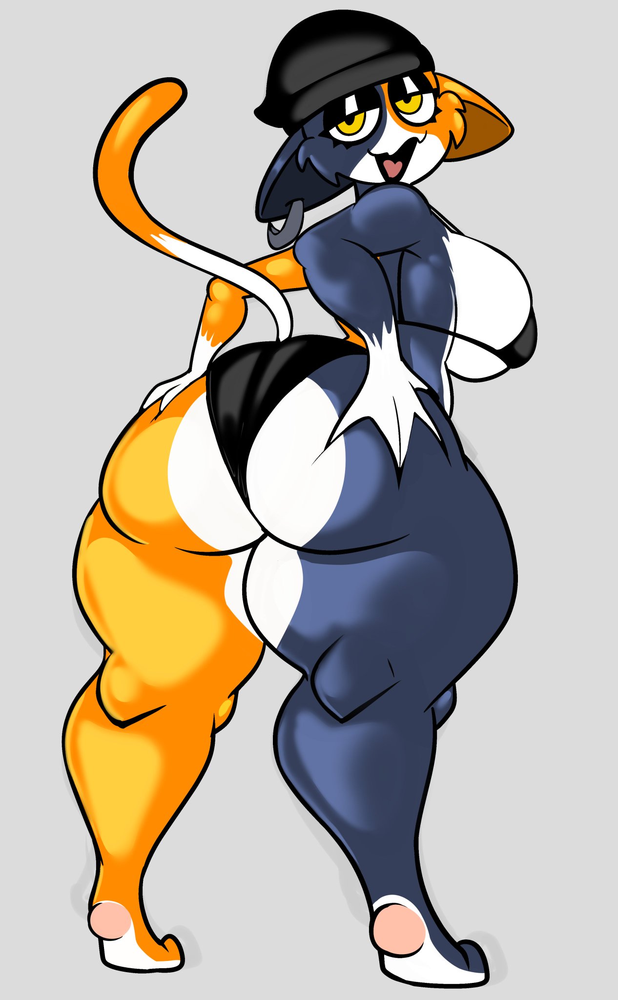 anthro, anthro only, back view, big breasts, bikini, black sclera, captain dagon, cat ears, cat girl, cat tail, color, dagon789, epic games, exposed ass, exposed breasts, fanart, female only, fortnite, furry female, hands on ass, hi res, huge ass, huge thighs, looking at viewer, meow skulls (fortnite), multicolored body, multicolored fur, pierced ear, solo female, voluptuous, wasp waist, wide hips, yellow eyes