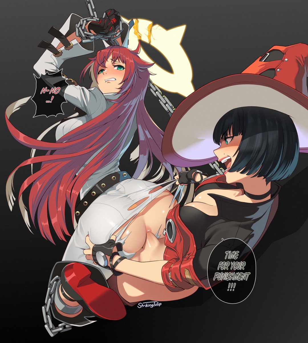 2girls, anal, anal penetration, anal rape, anal sex, ass, ass grab, beauty mark, bell bottoms (pants), belt, black hair, blue eyes, blushing, bodysuit, breasts, chained up, chained wrists, chains, choker, cleavage, clenched teeth, collarbone, collared shirt, dubious consent, fingerless gloves, forced, forced anal, futa on female, futanari, gloves, guilty gear, guilty gear strive, halo, heels, i-no, jack-o' valentine, jacket, lipstick, long hair, long sleeves, looking back, open mouth, rape, red hair, sex, short hair, short sleeves, speech bubble, strikingtulip, tearing clothes, tongue, torn bodysuit, torn clothes, two-tone hair, white hair, witch hat