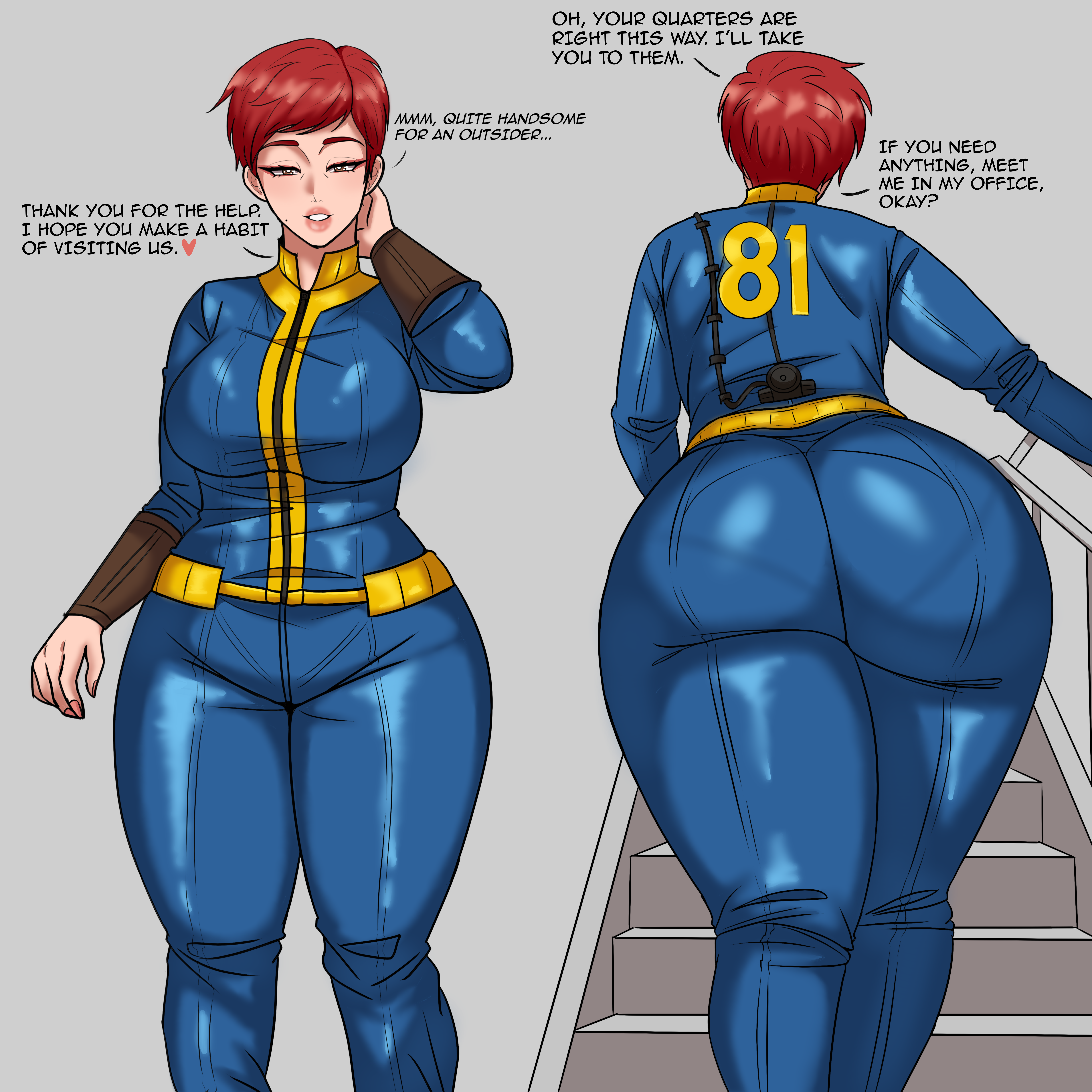 1female, 1girl, 1girls, ass, ass bigger than head, ass focus, big ass, big breasts, big butt, bodysuit, breasts, brown eyes, butt, curvy, demon dog, english, english commentary, english dialogue, english text, fallout, fallout 4, gwen mcnamara, hips, huge ass, light skin, light-skinned female, makeup, mature, mature female, older female, pantylines, pixie cut, red hair, short hair, simple background, smile, solo, solo focus, standing, text, thick, thick ass, thick butt, thick hips, thick thighs, vault dweller, vault girl, vault suit, video game character, video games, walking, wide hips