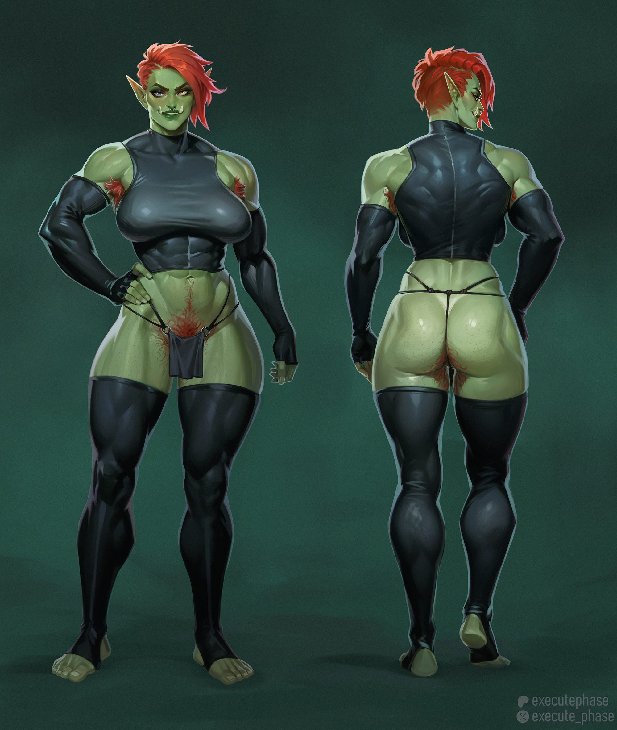 1girls, 2025, armpit hair, armwear, ass, blizzard entertainment, blue eyes, clothing, commission, executephase, female, female only, fingerless armwear, freckles, freckles on ass, freckles on thighs, front view, full body, green eyes, green skin, hairy ass, hairy crotch, hand on hip, heterochromia, hi res, legwear, loincloth, looking at viewer, muscular, muscular female, nose ring, orc, orc (warcraft), orc female, pointy ears, pubic hair, rear view, red armpit hair, red hair, red pubic hair, short hair, short loincloth, smiling, smiling at viewer, solo, stirrup legwear, thick thighs, thighhighs, topwear, tusks, warcraft, world of warcraft