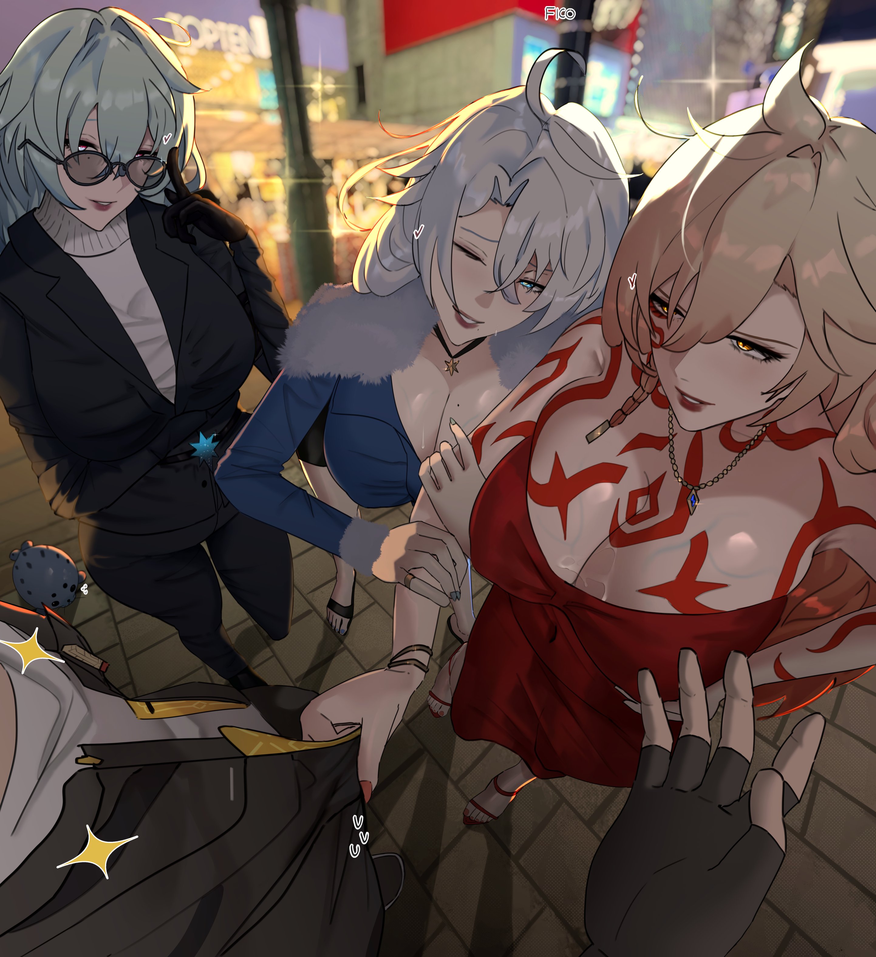1boy, 3girls, anaxa (honkai: star rail), big boobs, big breasts, big tits, blonde female, blonde hair, blonde hair female, blonde-haired female, blush, blushing, boobs, breasts, caelus (honkai: star rail), cleavage, clothed, clothes, clothing, dress, ficoemirrio, genderbend, genderbent, genderswap, genderswap (mtf), heels, honkai (series), honkai: star rail, hoyoverse, larger male, mydei (honkai: star rail), phainon (honkai: star rail), rule 63, shorter female, smaller female, taller male, tattoo, tattooed female, tattoos, tits, trailblazer (honkai: star rail), veiny breasts, white hair