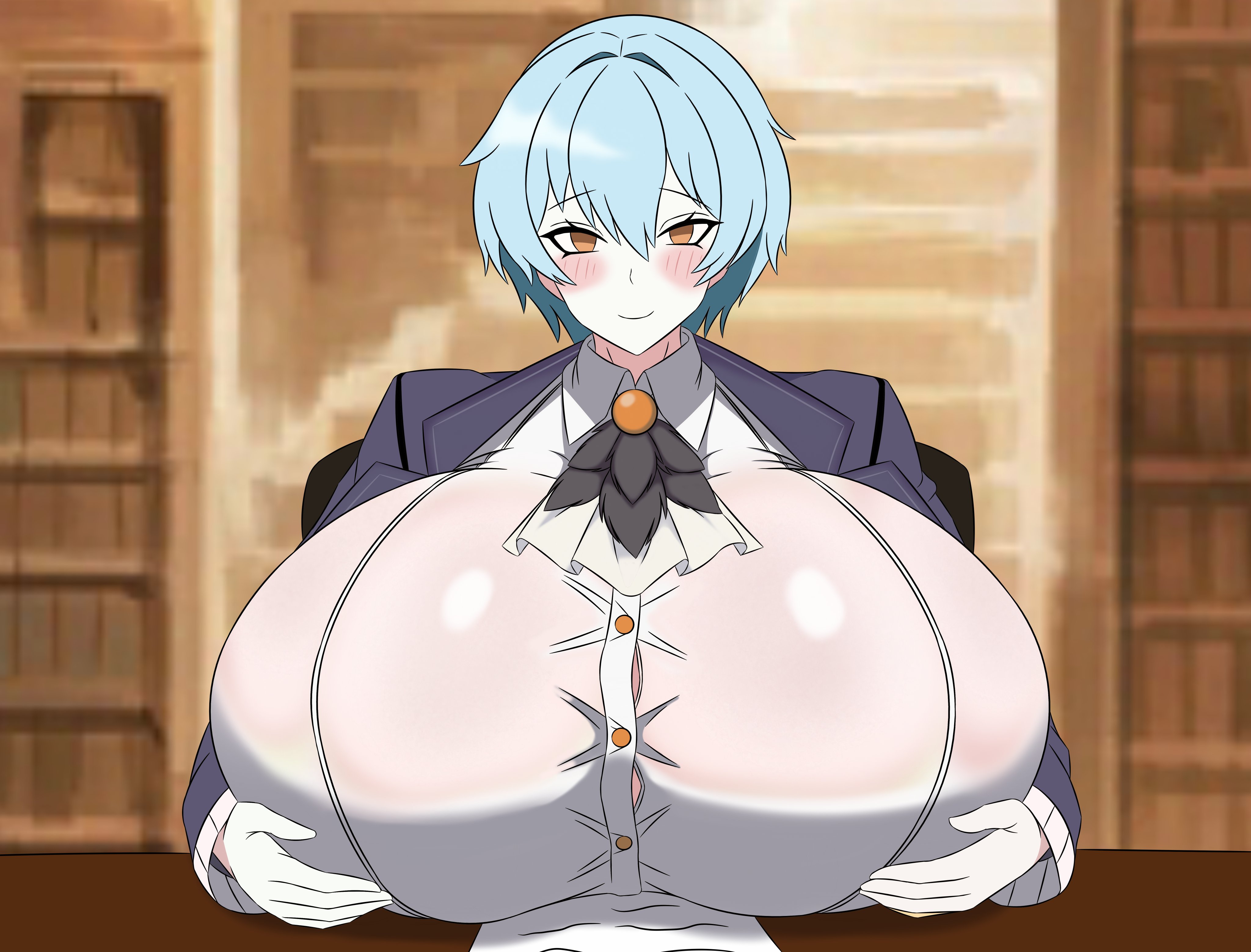 angela (library of ruina), blue hair, blushing, chesed95850218, cupping breasts, delete alliance, enormous breasts, holding breast, library, library of ruina, looking at viewer, orange eyes, project moon, smiling at viewer