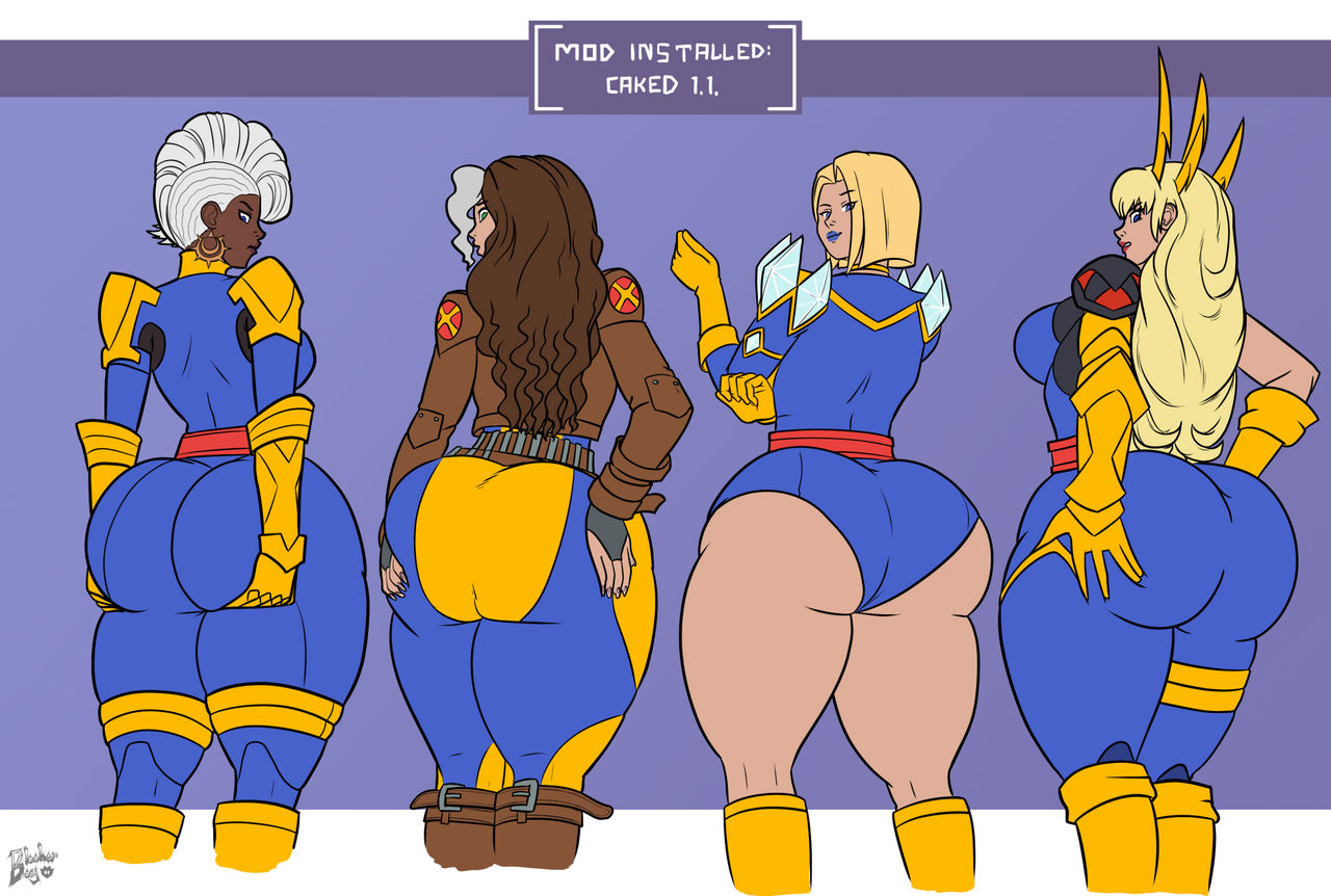 2d, 4girls, artist name, ass, ass focus, ass grab, belt, big ass, blooberboy, blue eyes, blue lipstick, bodysuit, boots, breasts, brown hair, bubble butt, clothed, costume, dark skin, dark-skinned female, dat ass, earrings, emma frost, emma frost (marvel rivals), english, english text, female, female only, fully clothed, gloves, grabbing, grabbing ass, grabbing own ass, green eyes, huge ass, jacket, large ass, leotard, lipstick, looking back, looking over shoulder, magik (illyana rasputin), magik (marvel rivals), magik (retro x-uniform), makeup, marvel, marvel comics, marvel rivals, mutant, mutant (marvel), rogue (marvel rivals), rogue (x-men), simple background, storm (marvel rivals), storm (x-men), text, thick, thick ass, thick thighs, thighs, two-tone hair, white hair, x-men