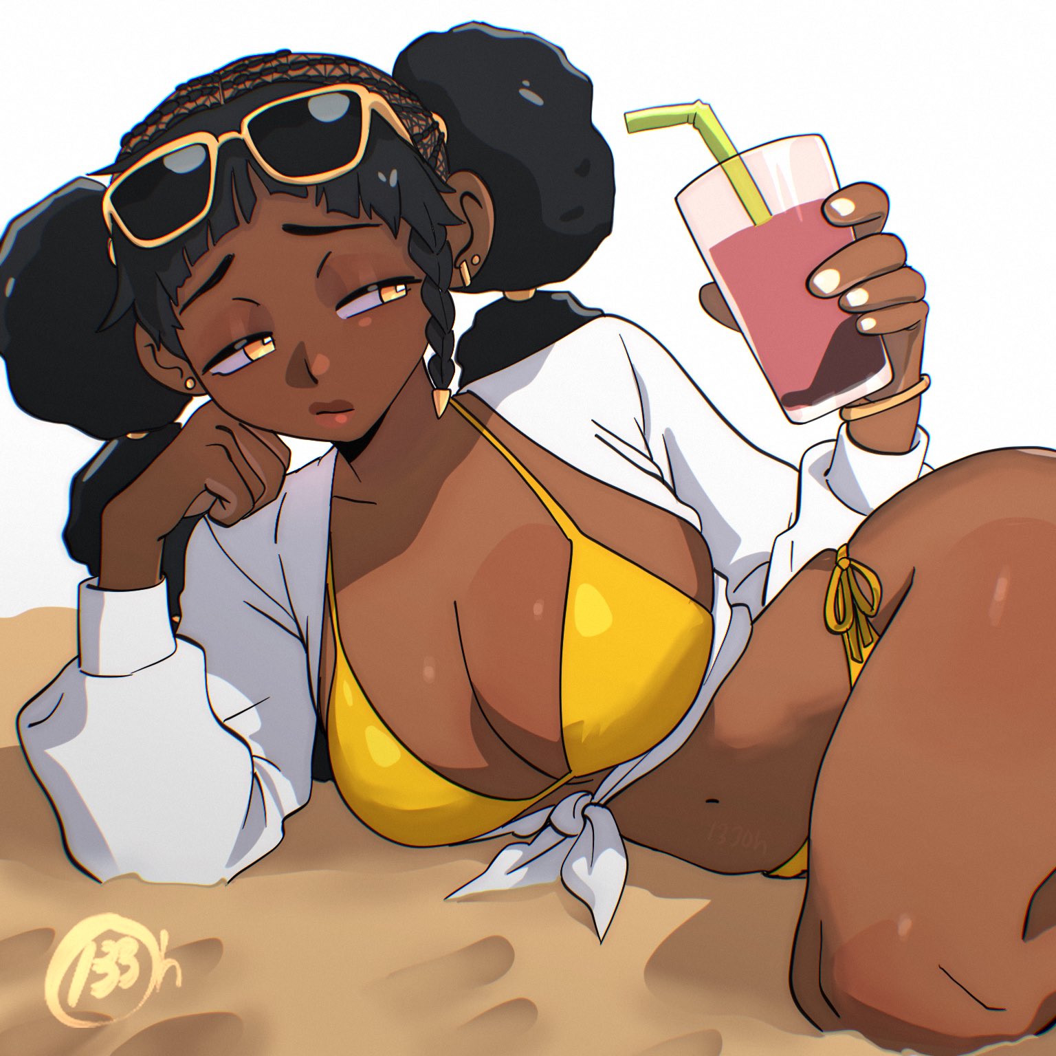 1girls, beach, big breasts, bikini, black hair, breasts, cornrows, dark skin, dark-skinned female, desscaras, drink, earrings, female, female focus, female only, holding object, ichi the witch, laying down, nail polish, sunglasses, tagme, thick thighs, white background, white nails, white shirt, yellow bikini, yellow eyes