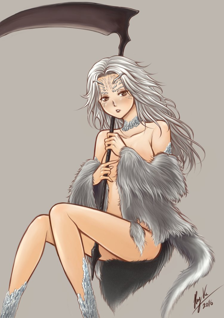 1girls, crossbreed priscilla, dark souls, female, fluffy tail, horns, scales, scythe, tail, white hair